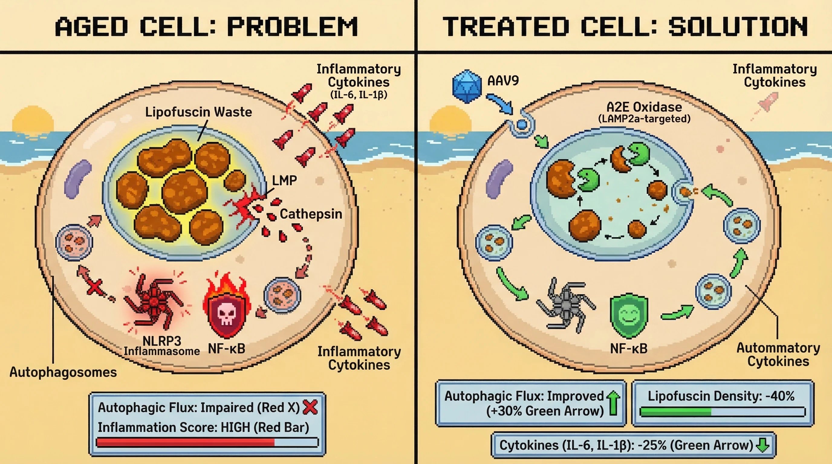 Mechanism: An AAV9-delivered A2E oxidase, targeted to lysosomes via LAMP2a, breaks down lipofuscin waste in aged post-mitotic cells. Readout: This restores lysosomal function, improves autophagic flux, and prevents NLRP3 inflammasome activation.