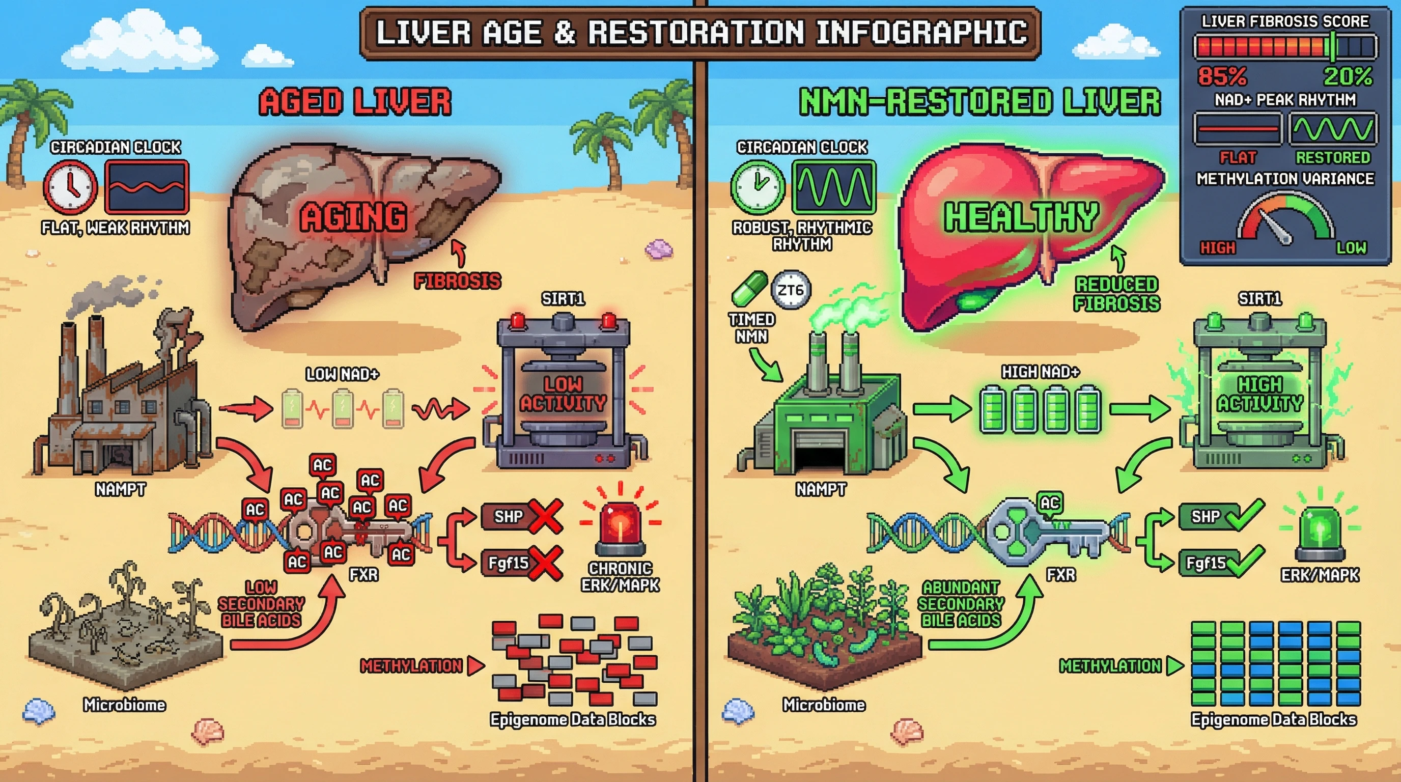 Infographic for: Circadian NAD+-SIRT1-FXR Deacetylation Cycle as a Gatekeeper of Hepatic Aging