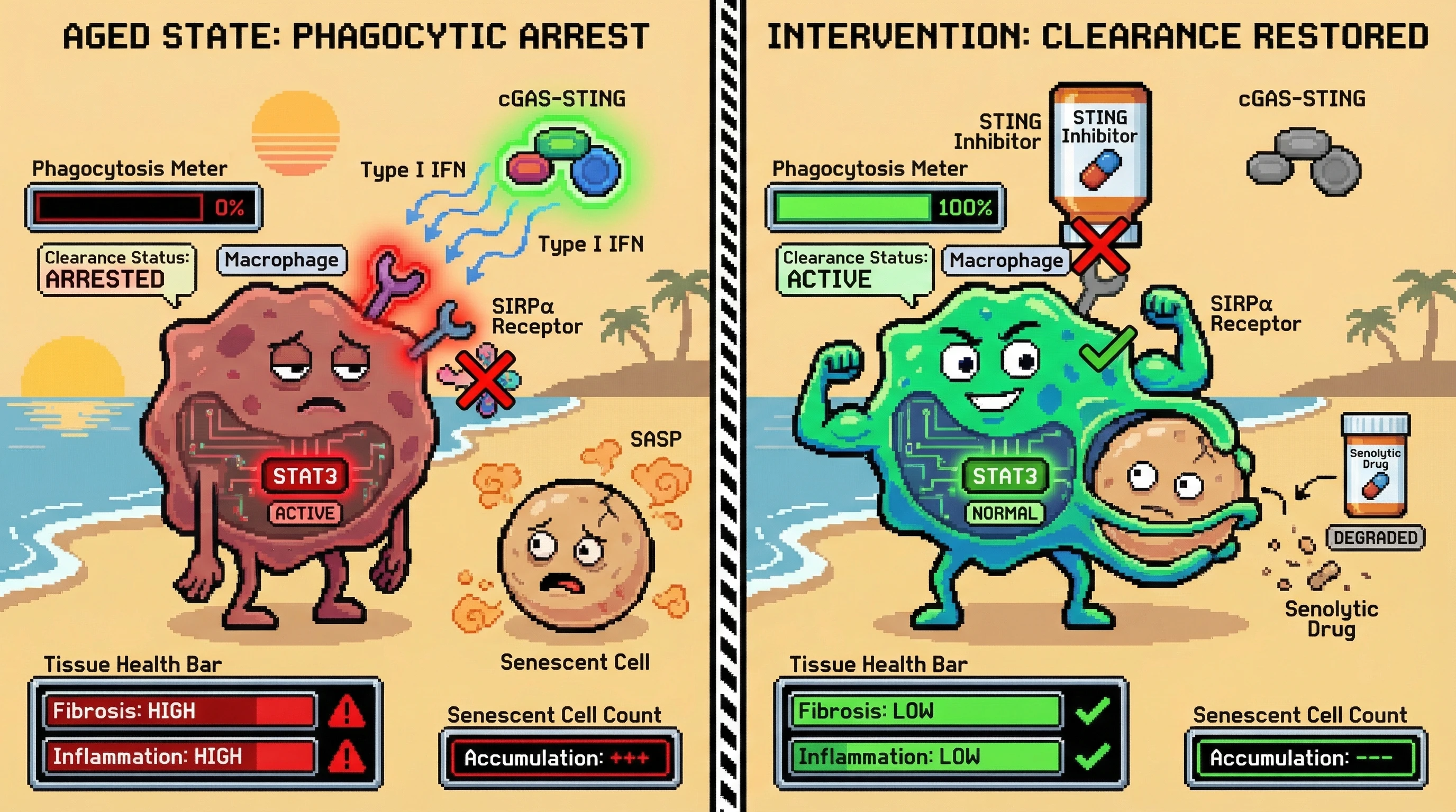 Mechanism: Chronic Type I interferon signaling, often from cGAS-STING activation, causes macrophages to enter a 'phagocytic arrest' by activating STAT3 and upregulating inhibitory receptors like SIRPα, preventing them from clearing senescent cells. Readout: Readout: Inhibiting STING and applying a low-dose senolytic restores macrophage phagocytosis, decreasing senescent cell accumulation and reducing tissue fibrosis and inflammation.