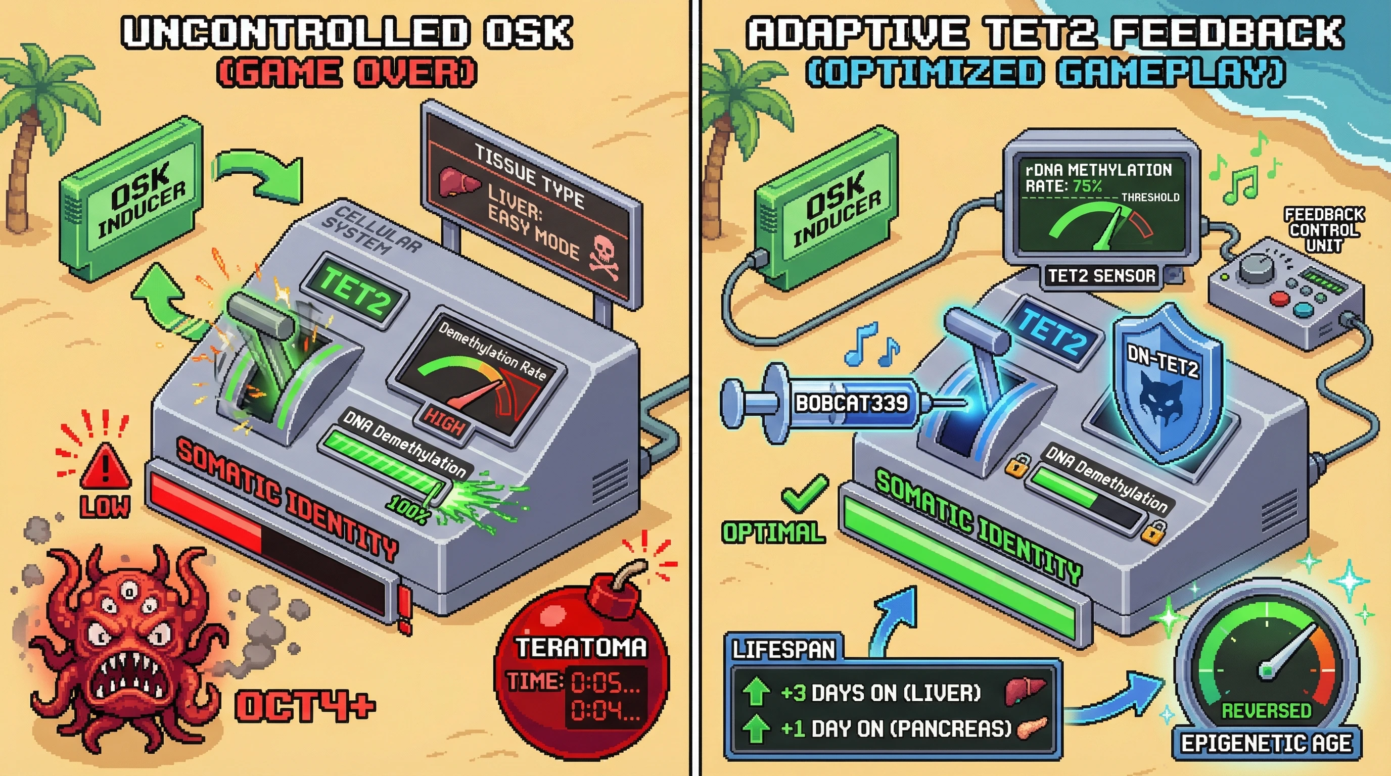 Infographic for: Adaptive TET2‑Feedback Control of Cyclic OSK Reprogramming Uses rDNA Methylation as a Real‑Time Sensor to Prevent Tissue‑Specific Overshoot