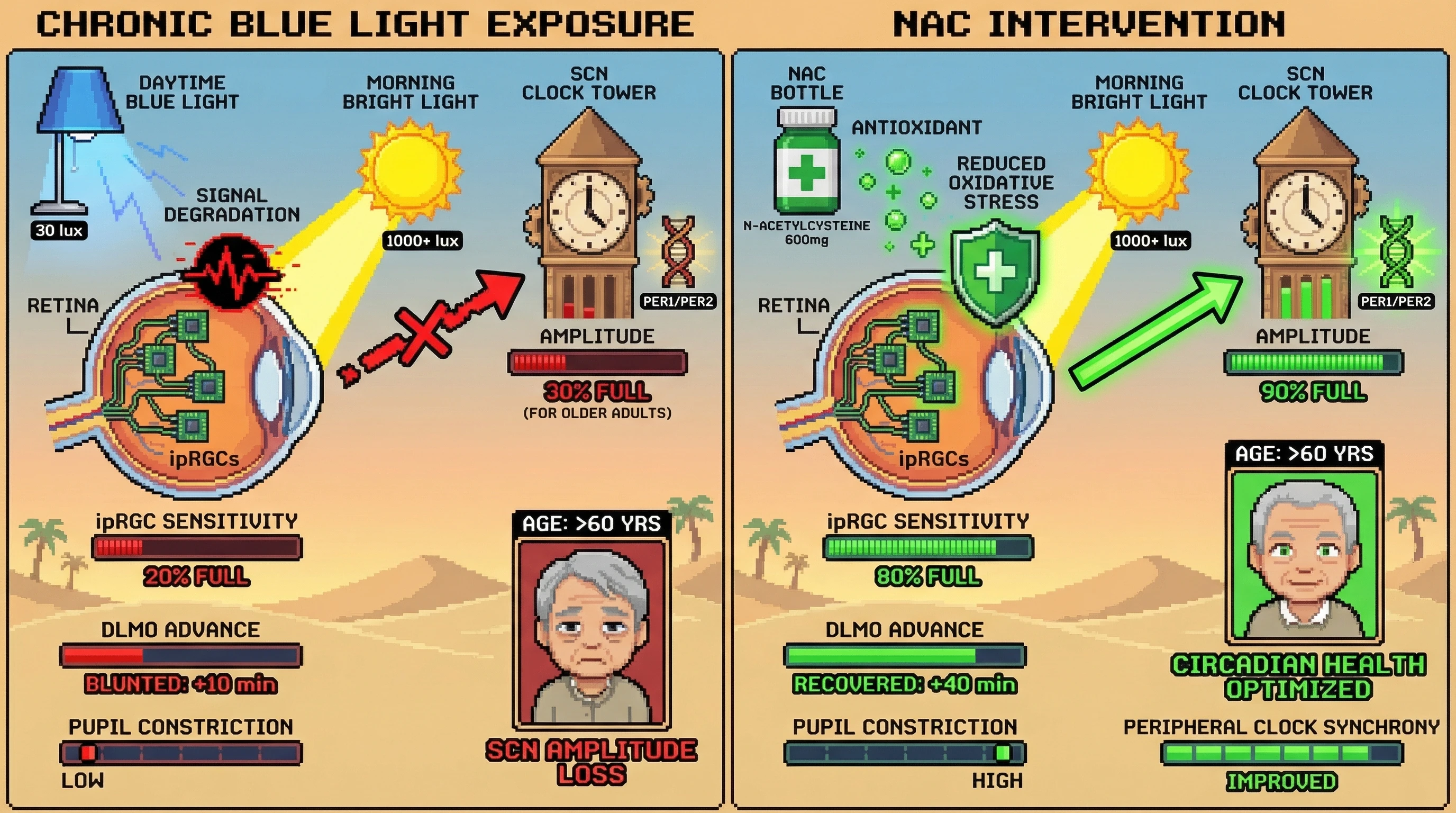 Mechanism: Daytime blue light desensitizes ipRGCs, blunting morning light's circadian phase advance, particularly in older adults, but NAC restores ipRGC function by reducing oxidative stress. Readout: Readout: NAC pre-treatment recovers DLMO advance by at least 80% and improves pupillary constriction and peripheral clock synchrony.