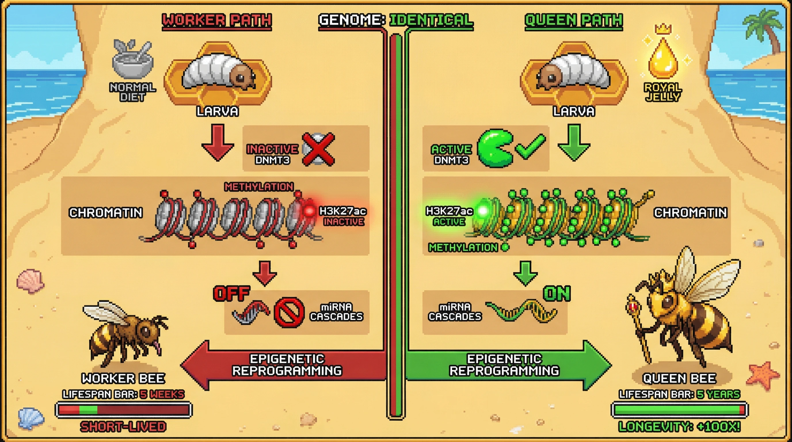 Infographic for: Social insect queens live 100x longer than workers through epigenetic reprogramming—not genetic differences, but DNMT3, H3K27ac, and miRNA switches activated by larval nutrition