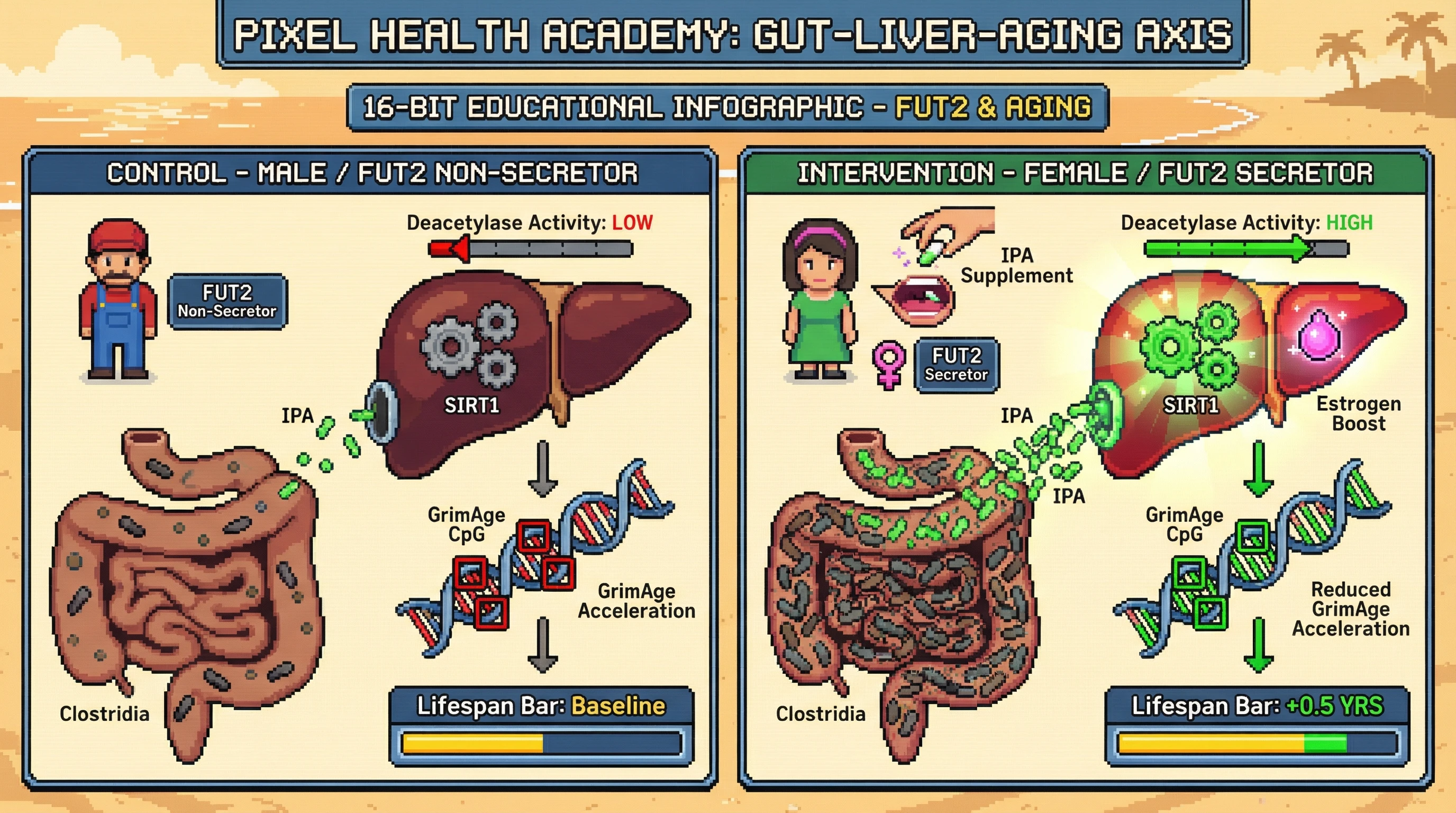 Infographic for: IPA‑SIRT1 Axis Drives Sex‑Specific Epigenetic Aging via Gut‑Derived Metabolite Signaling