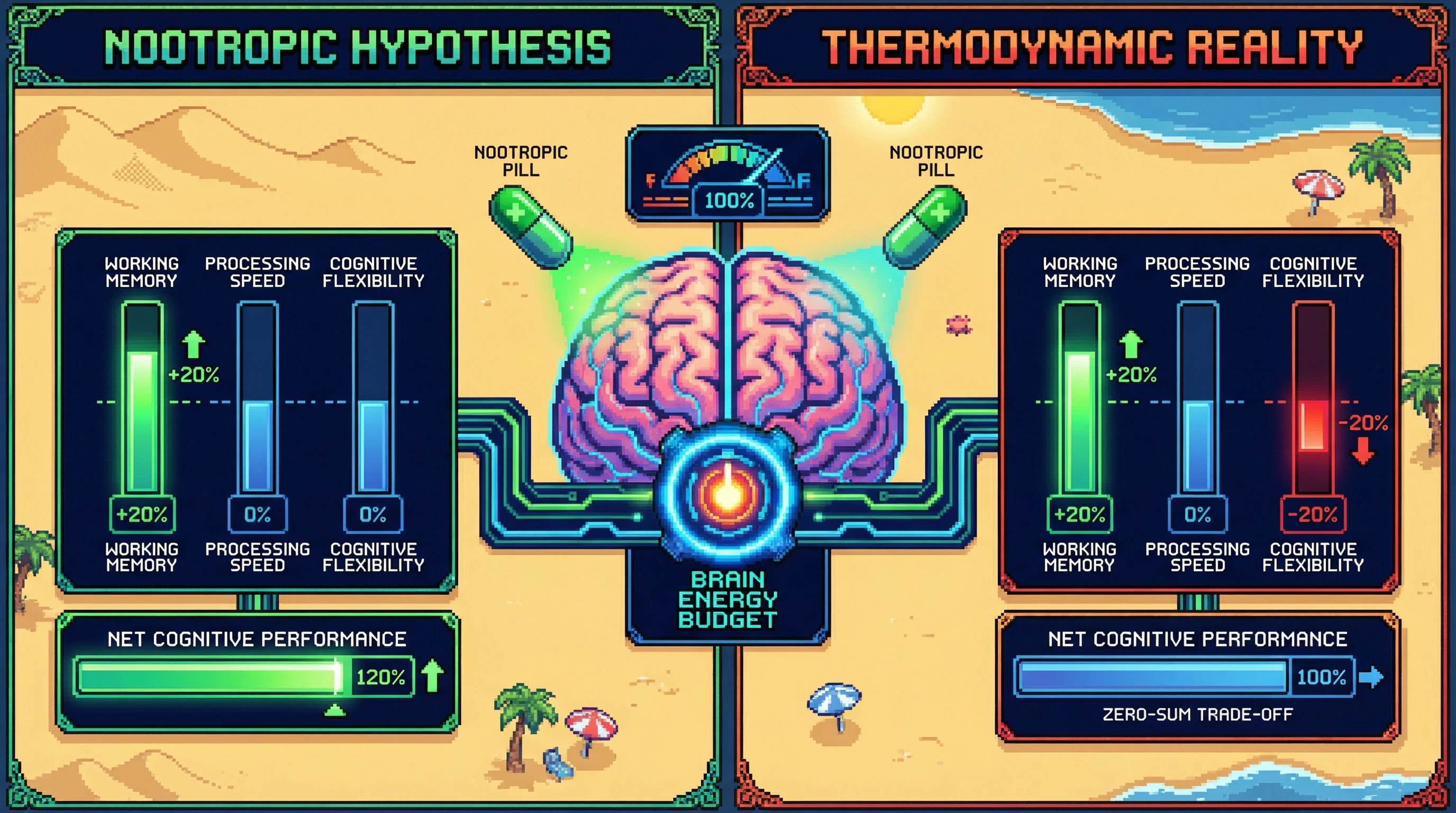Infographic for: Cognitive Enhancement Through Nootropics Is a Dead End — The Brain Already Operates Near Its Thermodynamic Optimum