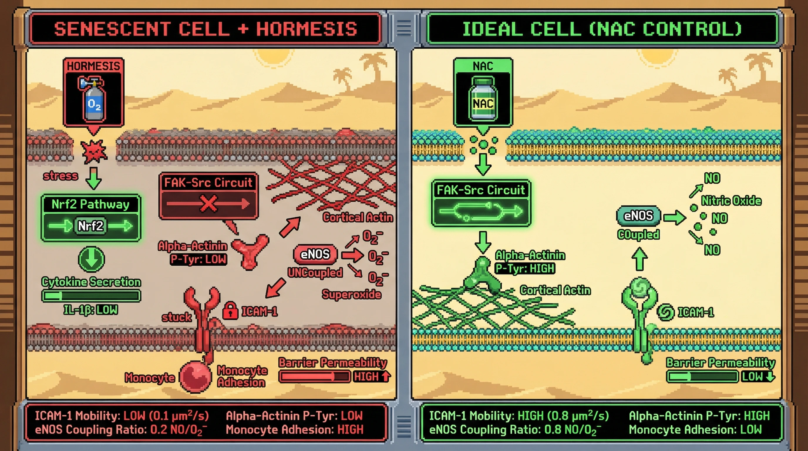 Infographic for: Hormetic preconditioning suppresses endothelial inflammatory markers but fails to reverse cytoskeletal‑driven ICAM‑1 immobilization and eNOS uncoupling