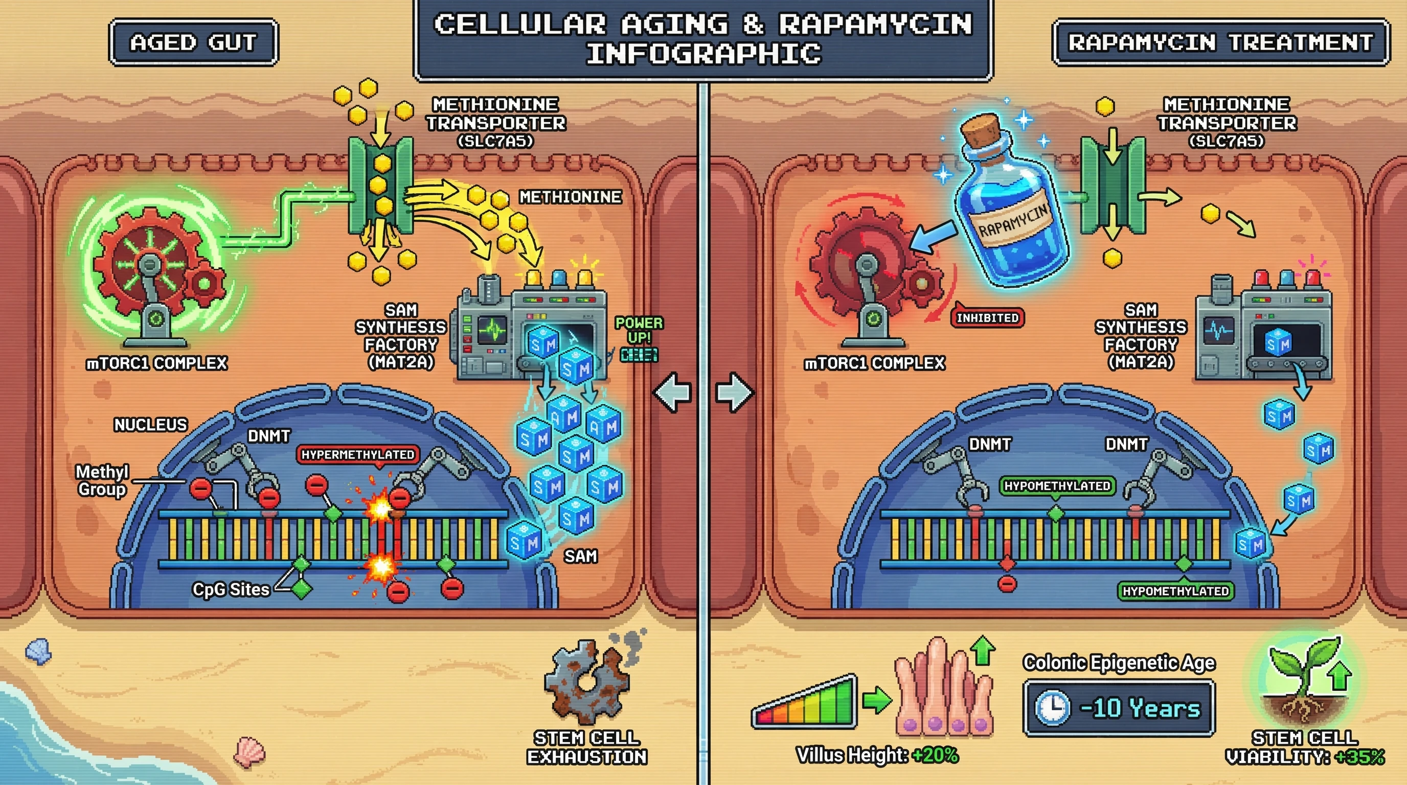 Mechanism: High mTORC1 activity in aged colonic cells boosts methionine uptake and SAM production, leading to hypermethylation of specific DNA sites. Readout: Readout: Rapamycin treatment reduces SAM, reverses hypermethylation, and improves villus height, stem cell viability, and colonic epigenetic age.