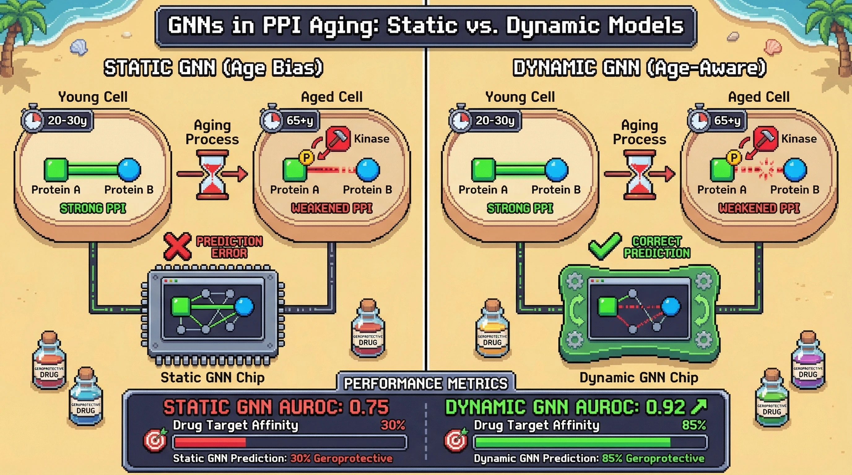 Infographic for: Phospho‑driven interactome rewiring causes age‑stratified bias in GNN drug‑target affinity predictions for aging therapeutics