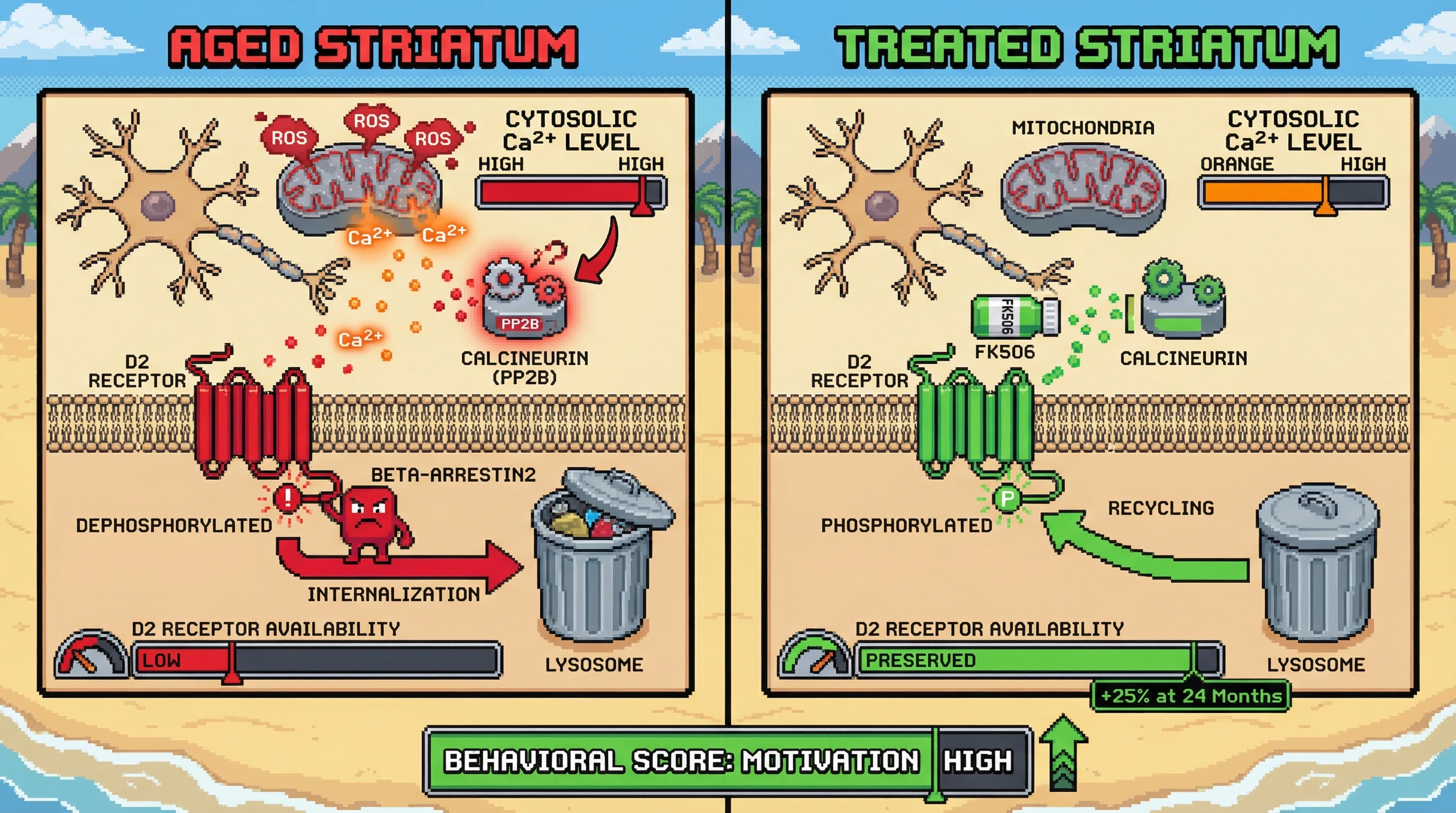 Infographic for: Hypothesis: Activity‑dependent calcineurin activation drives premature D2 receptor internalization in aging striatum independent of neurodegeneration