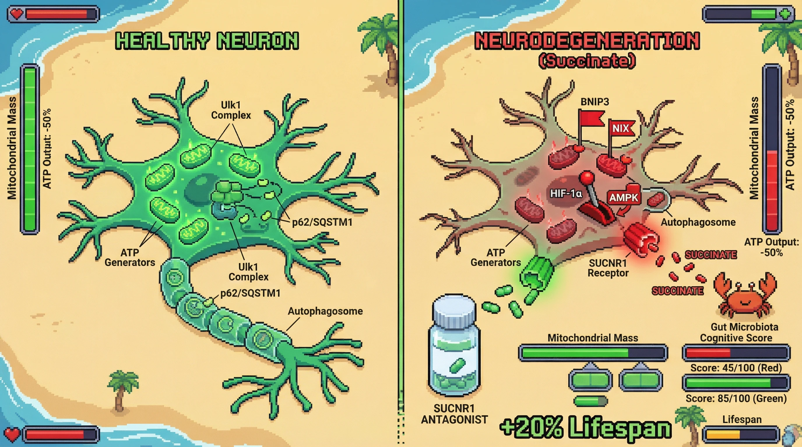 Infographic for: Microbiota‑Derived Succinate Skews Autophagic Triage Toward Mitochondrial Loss, Accelerating Neurodegeneration
