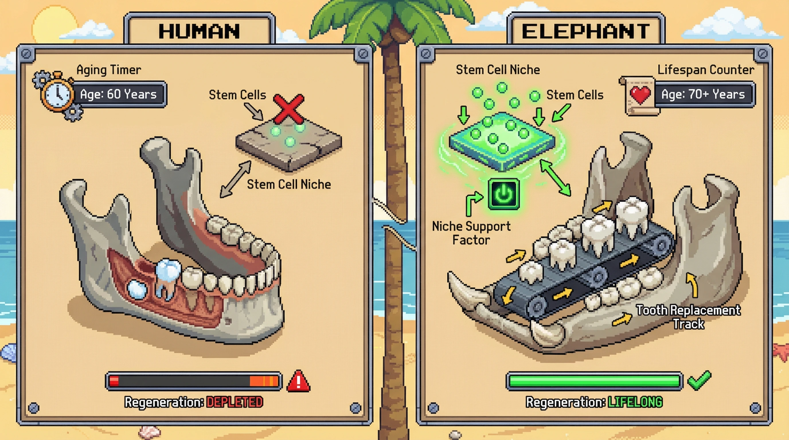 Infographic for: Elephants grow teeth their whole lives without running out of stem cells. How?