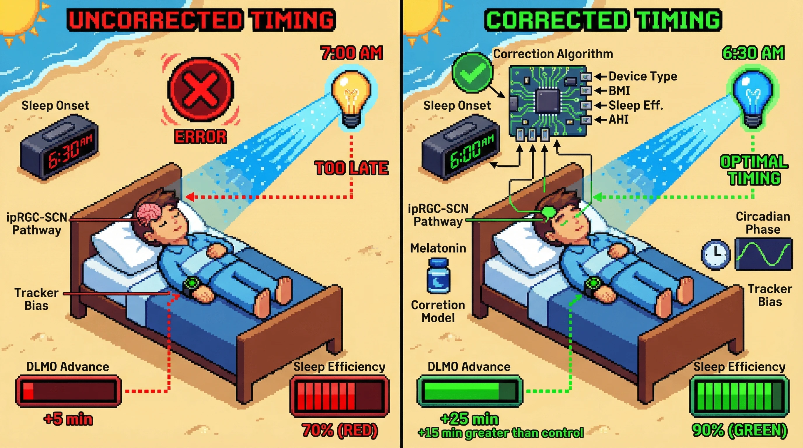 Mechanism: A personalized algorithm corrects consumer sleep tracker biases, enabling precise timing of morning blue light exposure to an individual's optimal circadian phase. Readout: Readout: This corrected timing strategy significantly increases dim-light melatonin onset (DLMO) advance by at least 15 minutes and improves sleep efficiency to over 85% compared to fixed-time light exposure.