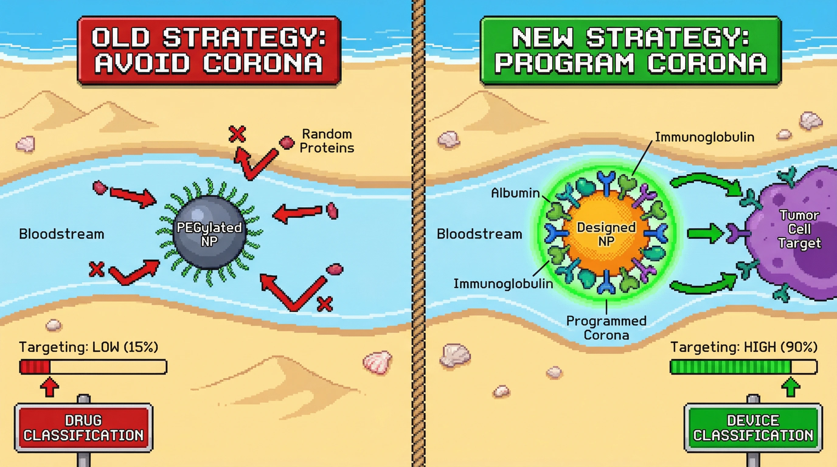 This infographic contrasts traditional 'stealth' nanoparticles that avoid protein coronas with a novel strategy: designing nanoparticles to selectively recruit blood proteins, forming a 'programmed corona' for superior targeting and a more favorable regulatory pathway.