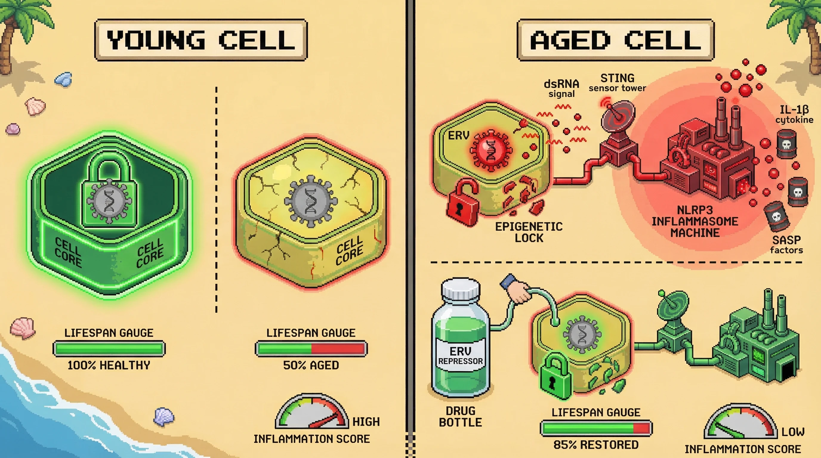Mechanism: Aging leads to a loss of epigenetic repression, activating endogenous retroviruses (ERVs) which release dsRNA, triggering STING and NLRP3 inflammasome pathways. Readout: Readout: This results in increased IL-1β and SASP factors, driving inflammation and reducing lifespan, which is reversed by an ERV Repressor drug.