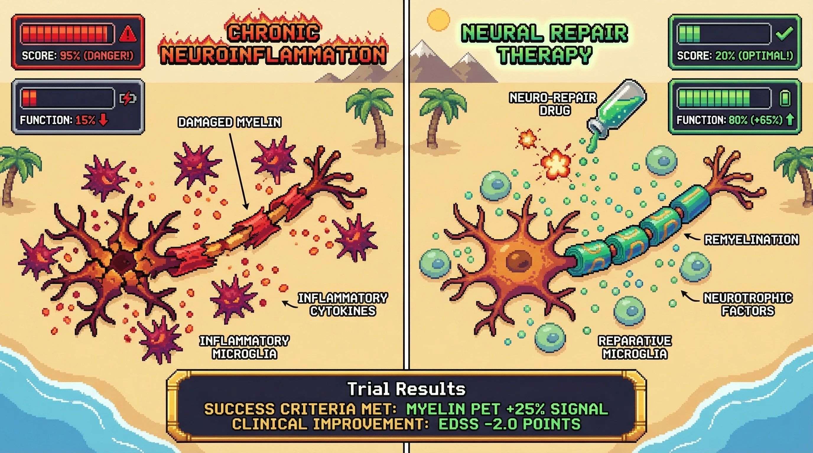 Mechanism: A neuro-repair therapy transforms inflammatory microglia into reparative microglia, promoting remyelination and neural regeneration. Readout: Readout: Myelin PET signal increases by 25% and clinical disability (EDSS) improves by 2.0 points, indicating significant neural repair.