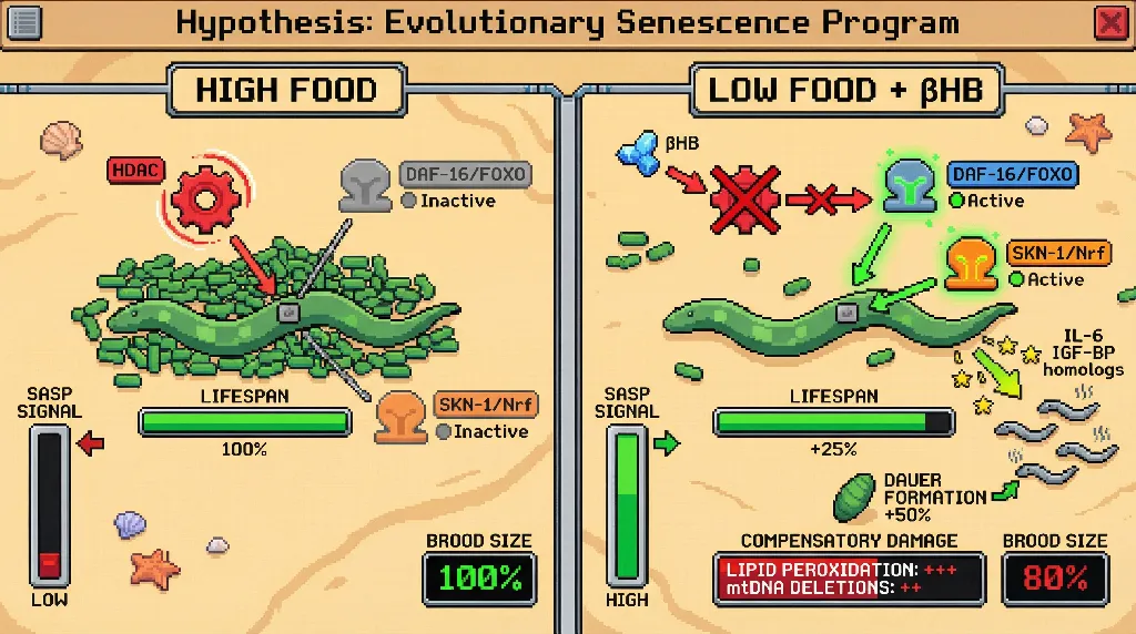 Infographic for: Beta-hydroxybutyrate-mediated HDAC inhibition as an evolved signal of resource scarcity that enforces programmed senescence to benefit kin