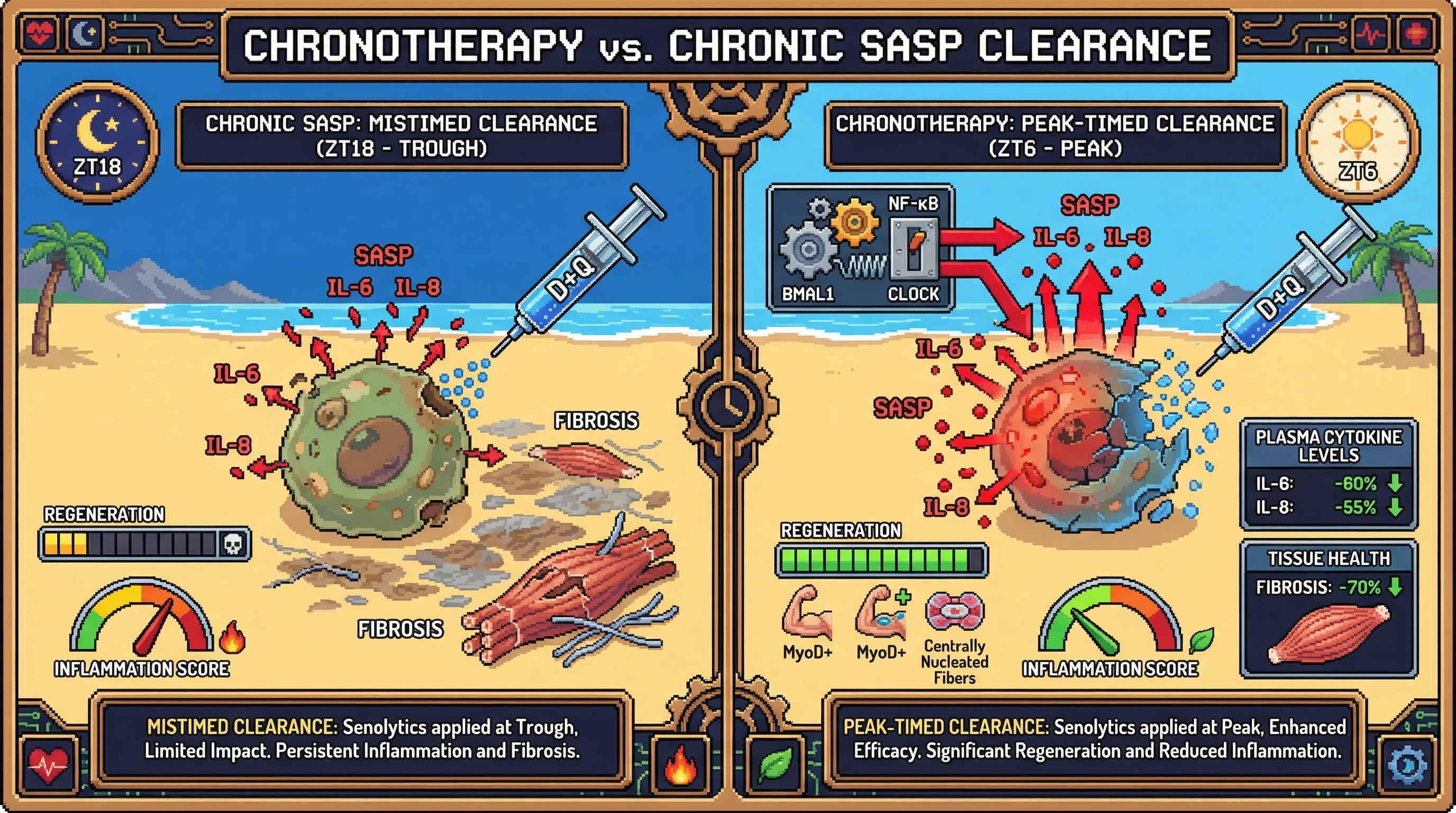 Mechanism: Administering senolytics (D+Q) at the circadian peak of SASP (ZT6) targets and clears hyper-secretory senescent cells. Readout: Readout: This approach significantly reduces chronic inflammation markers and fibrosis while preserving regenerative capacity.
