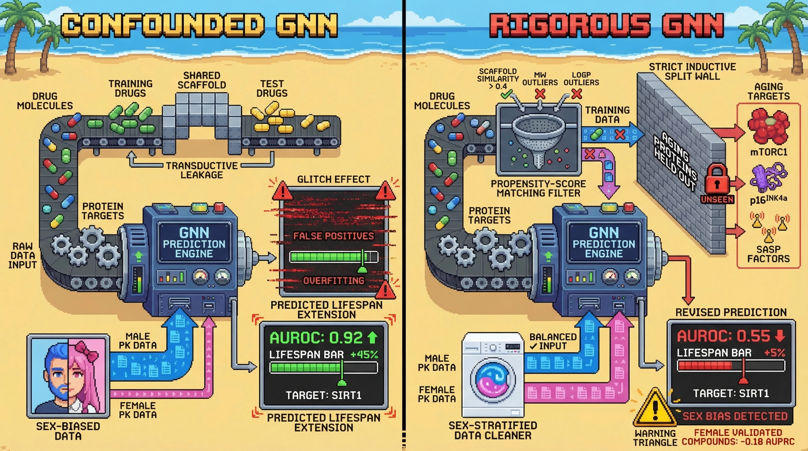 Infographic for: Sex-stratified confounding inflates GNN predictions for aging drug targets when transductive splits hide inductive failure