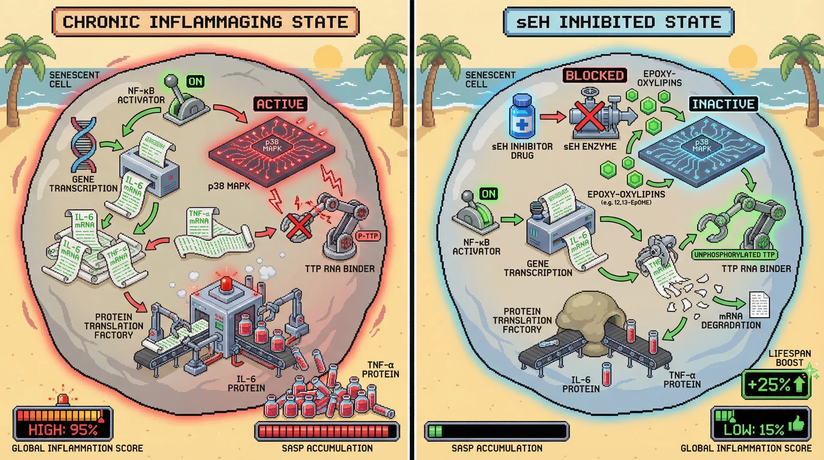 Infographic for: Hypothesis: sEH Inhibition Resolves Inflammaging by Uncoupling NF-κB Transcription from IL-6/TNF-α Translation via p38 MAPK-Mediated mRNA Destabilization
