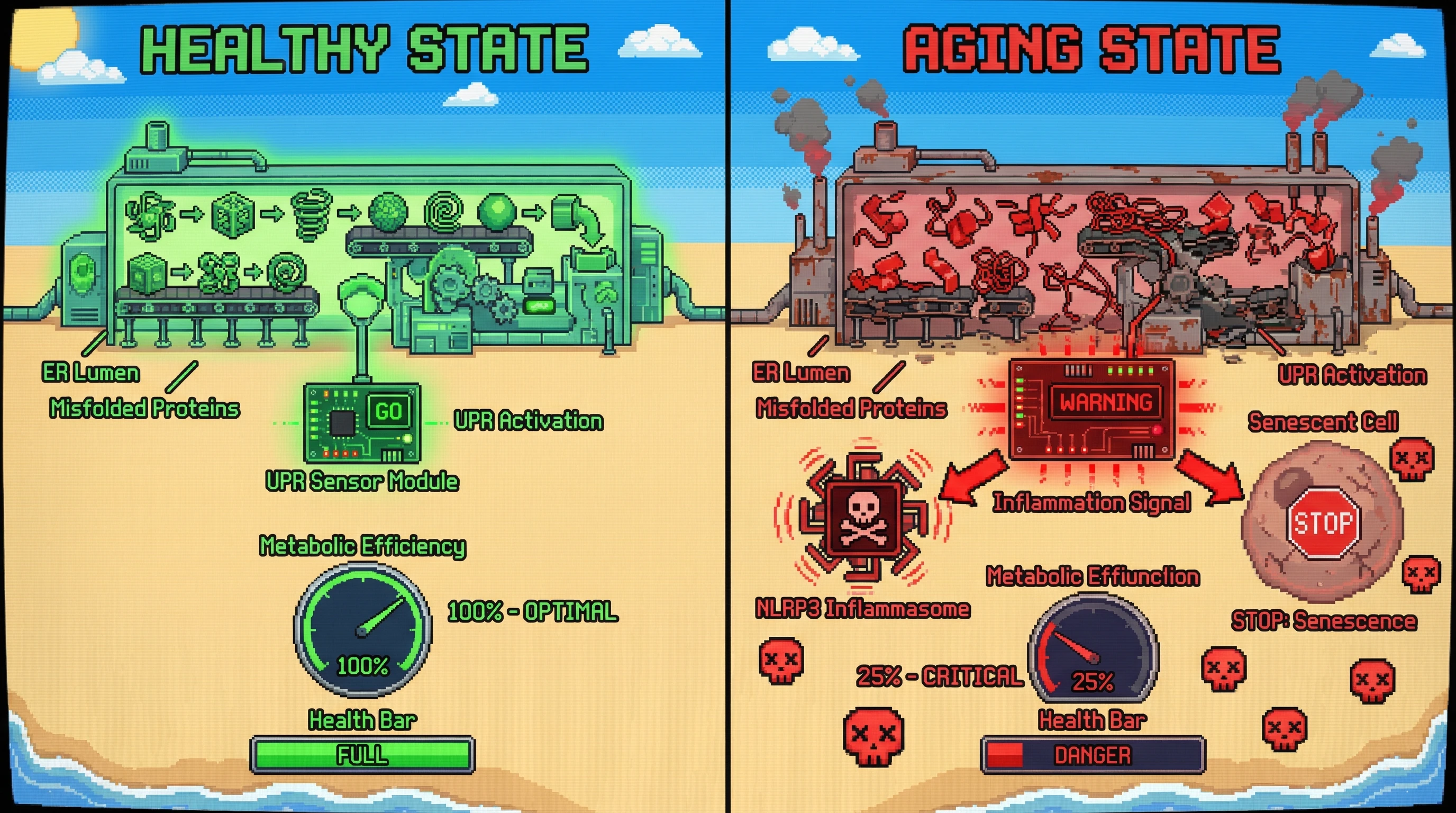 This infographic illustrates the Unfolded Protein Response (UPR) in healthy versus aging states, showing how chronic UPR activation in aging leads to inflammation, senescence, and metabolic dysfunction, contributing to cellular decline.