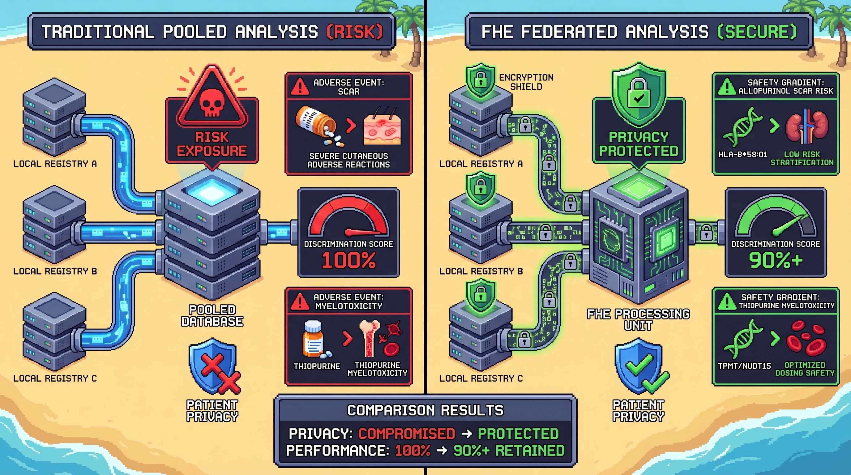 Mechanism: Homomorphically encrypted federated analysis enables secure, decentralized pooling of sensitive pharmacogenomic data from multiple registries. Readout: Readout: This approach retains over 90% of the discrimination performance for predicting allopurinol SCAR and thiopurine myelotoxicity risks compared to plaintext pooled analysis, while protecting patient privacy.