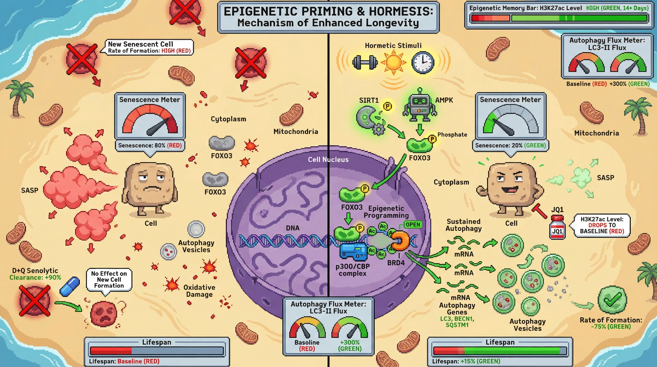 Infographic for: Hormesis installsa persistent FOXO3‑driven epigenetic autophagy program that lowers senescent cell formation, providing a durability mechanism distinct from senolytic clearance