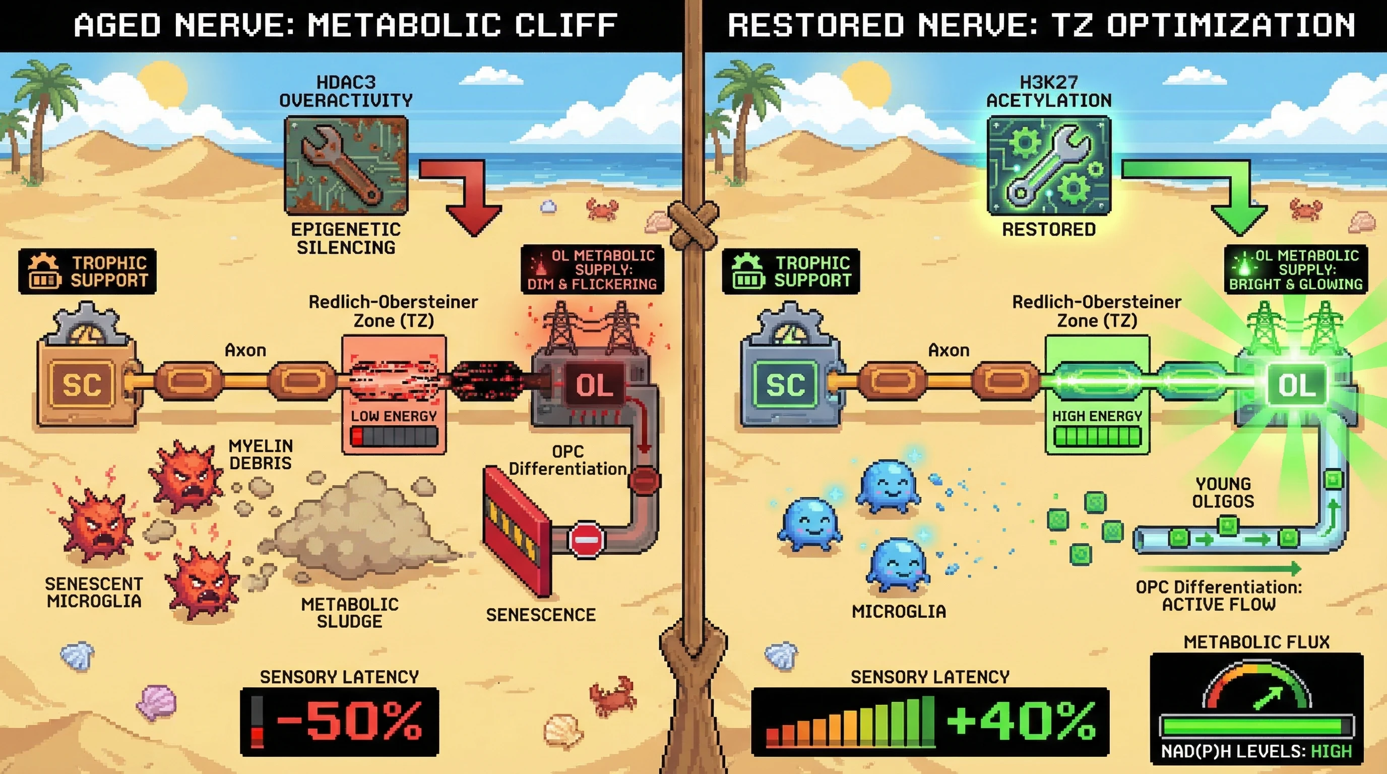 Infographic for: The Myelin-Metabolic Threshold Hypothesis: Trigeminal Deafferentation as a Product of Schwann-Oligodendrocyte Transition Failure