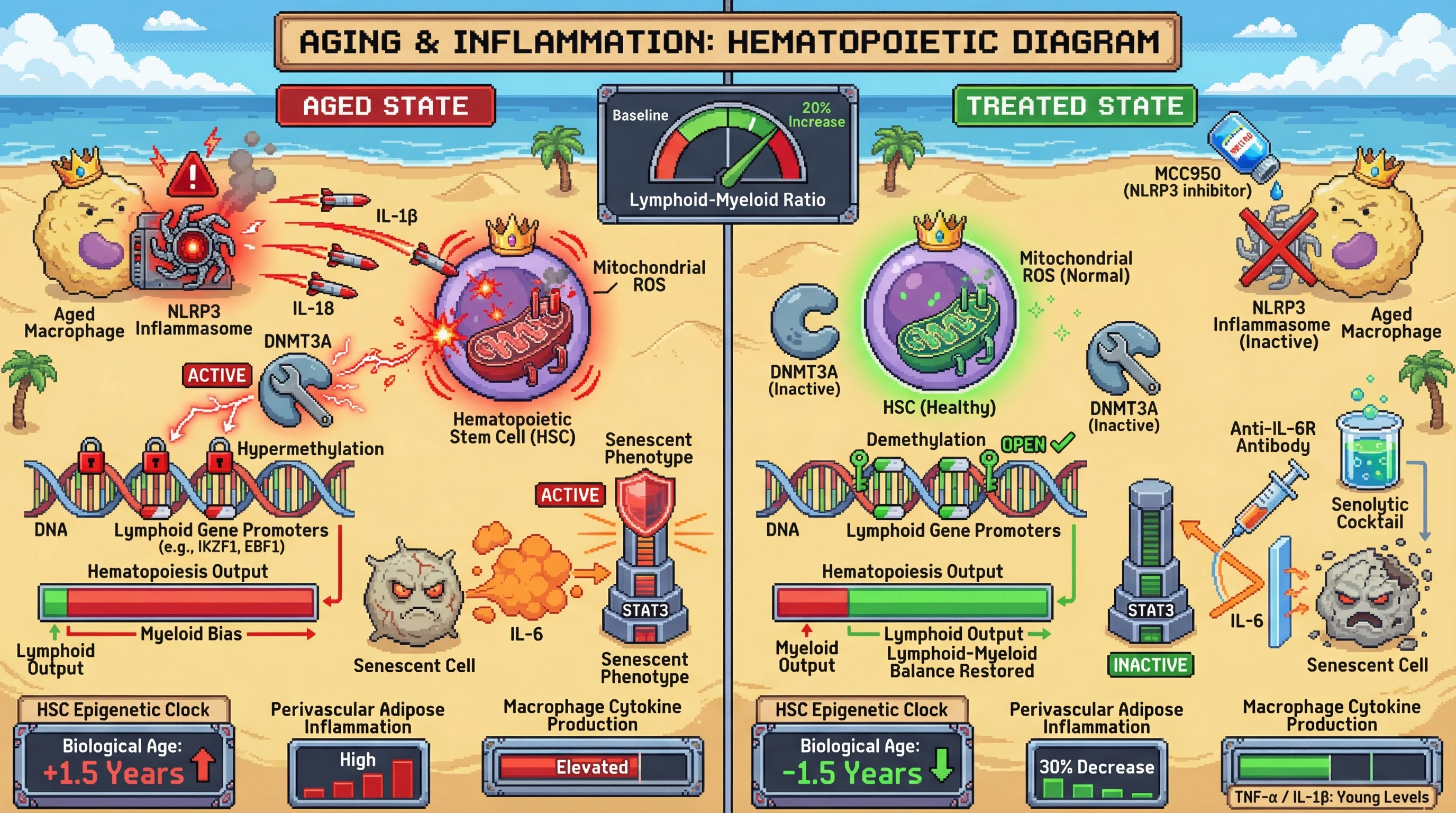 Mechanism: Combined NLRP3 inhibition, IL-6 blockade, and senolytic clearance reduces oxidative stress in HSCs, reversing hypermethylation of lymphoid genes. Readout: Readout: Lymphoid-to-myeloid ratio increases by over 20%, HSC epigenetic age reverses by at least 1.5 years, and inflammation markers decrease significantly.