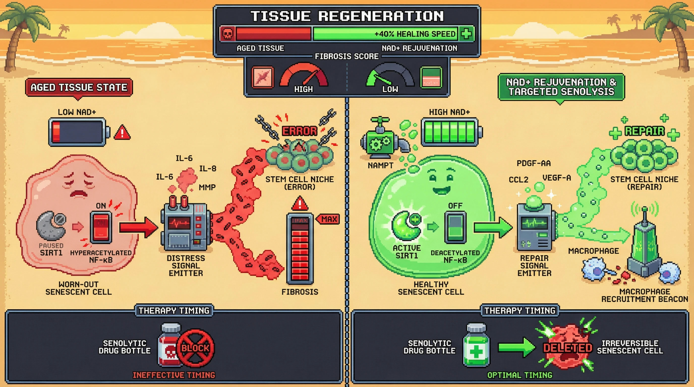 Infographic for: NAD+‑Dependent Reprogramming of Senescent Cell SASP Determines Whether Senolytics Aid or Impair Tissue Regeneration