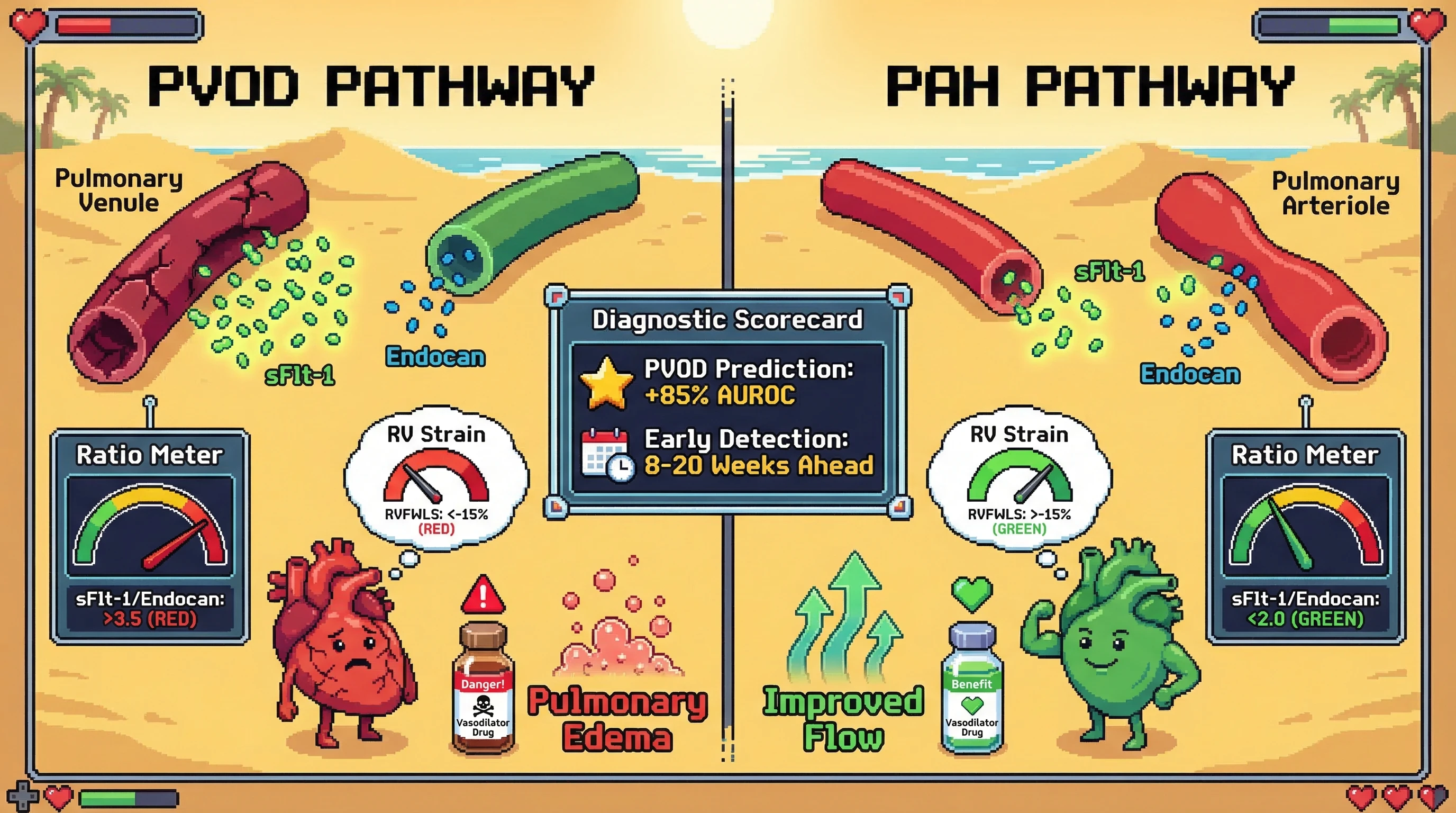 Mechanism: Pulmonary Veno-Occlusive Disease (PVOD) specifically damages venular endothelium, elevating the sFlt-1/endocan ratio and causing a distinct right ventricular (RV) strain pattern. Readout: Readout: An sFlt-1/endocan ratio 3.5 combined with RVFWLS <-15% predicts PVOD 8-20 weeks before standard diagnosis, with 85% accuracy.