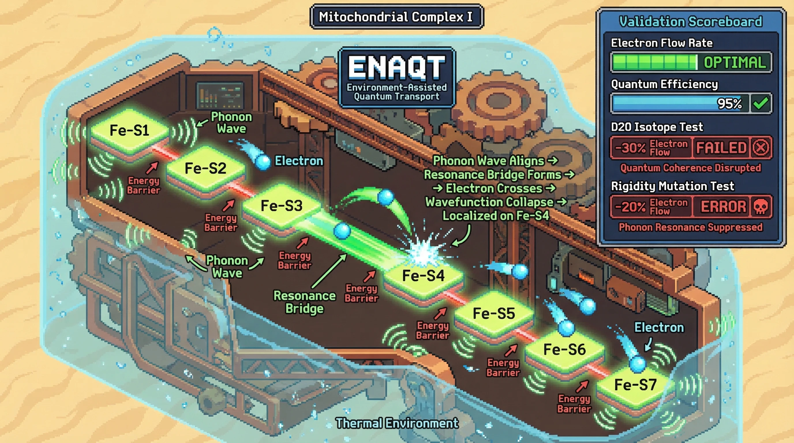 Infographic for: Environment-Assisted Quantum Transport in Mitochondrial Complex I: Exploiting Vibronic Noise for Directional Electron Tunneling