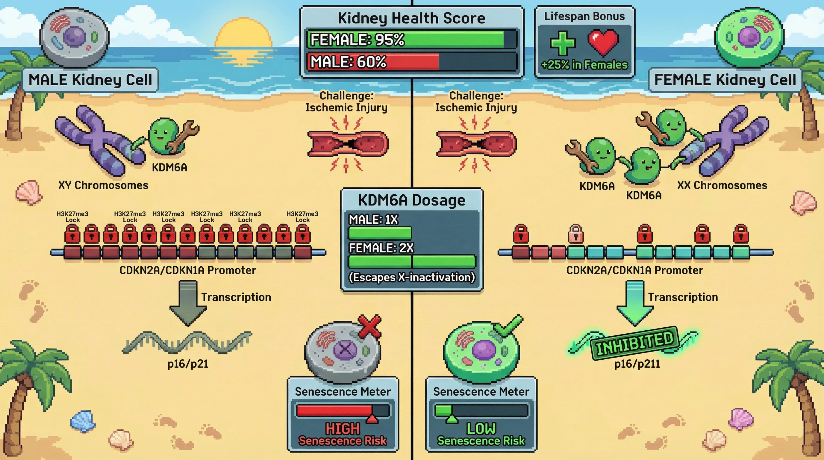 Mechanism: Higher KDM6A dosage in female kidney cells (due to X-chromosome escape) actively removes repressive H3K27me3 marks from p16/p21 promoters, thereby attenuating senescence gene expression. Readout: Readout: This epigenetic difference leads to lower senescence risk and higher kidney health scores in females, contributing to a significant lifespan advantage.