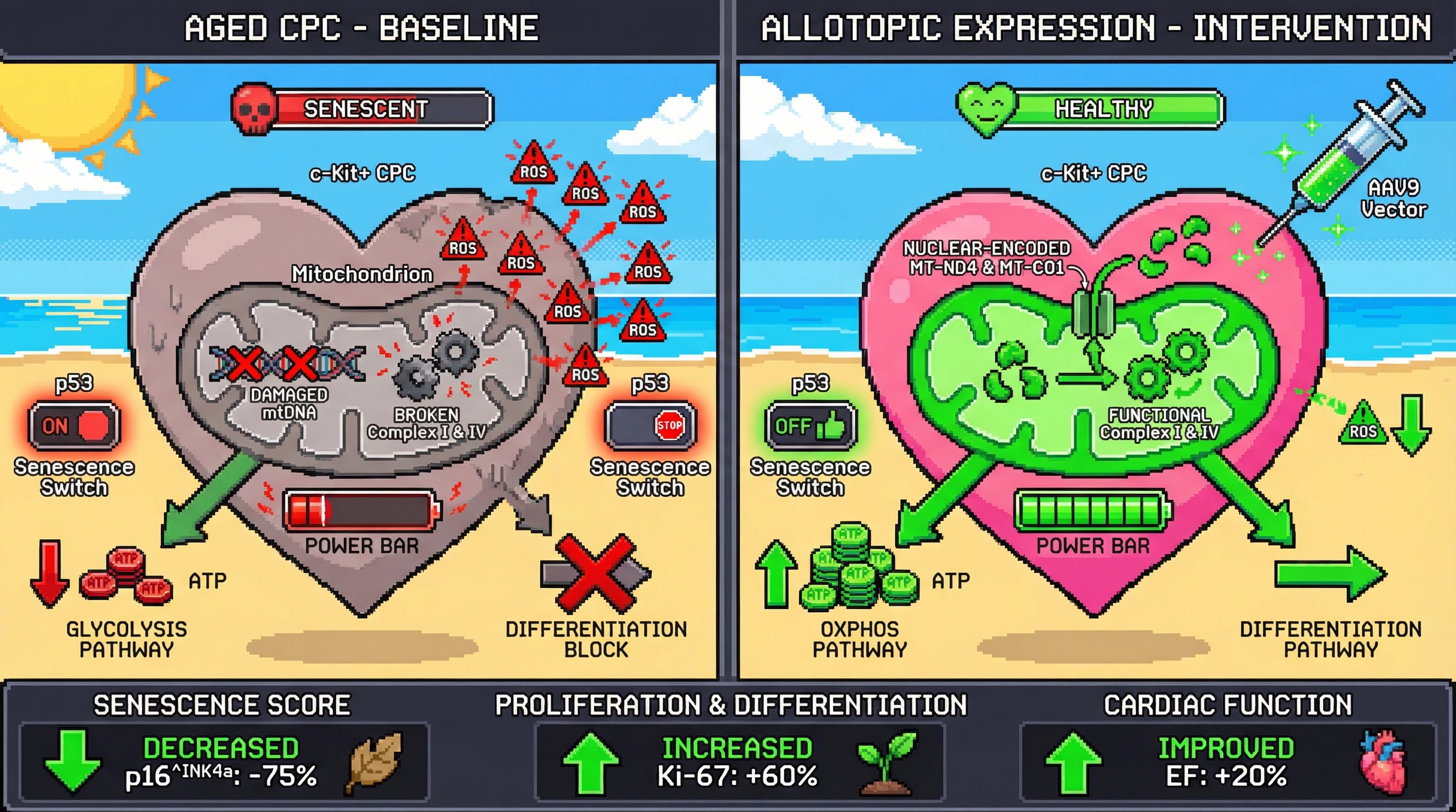 Mechanism: Allotopic expression delivers nuclear-encoded, mitochondrially targeted OXPHOS subunits (MT-ND4, MT-CO1) to bypass mtDNA mutations in aged cardiac progenitor cells, restoring functional respiratory complexes. Readout: Readout: This intervention decreases senescence markers, increases proliferation and differentiation, and improves cardiac function post-injury.