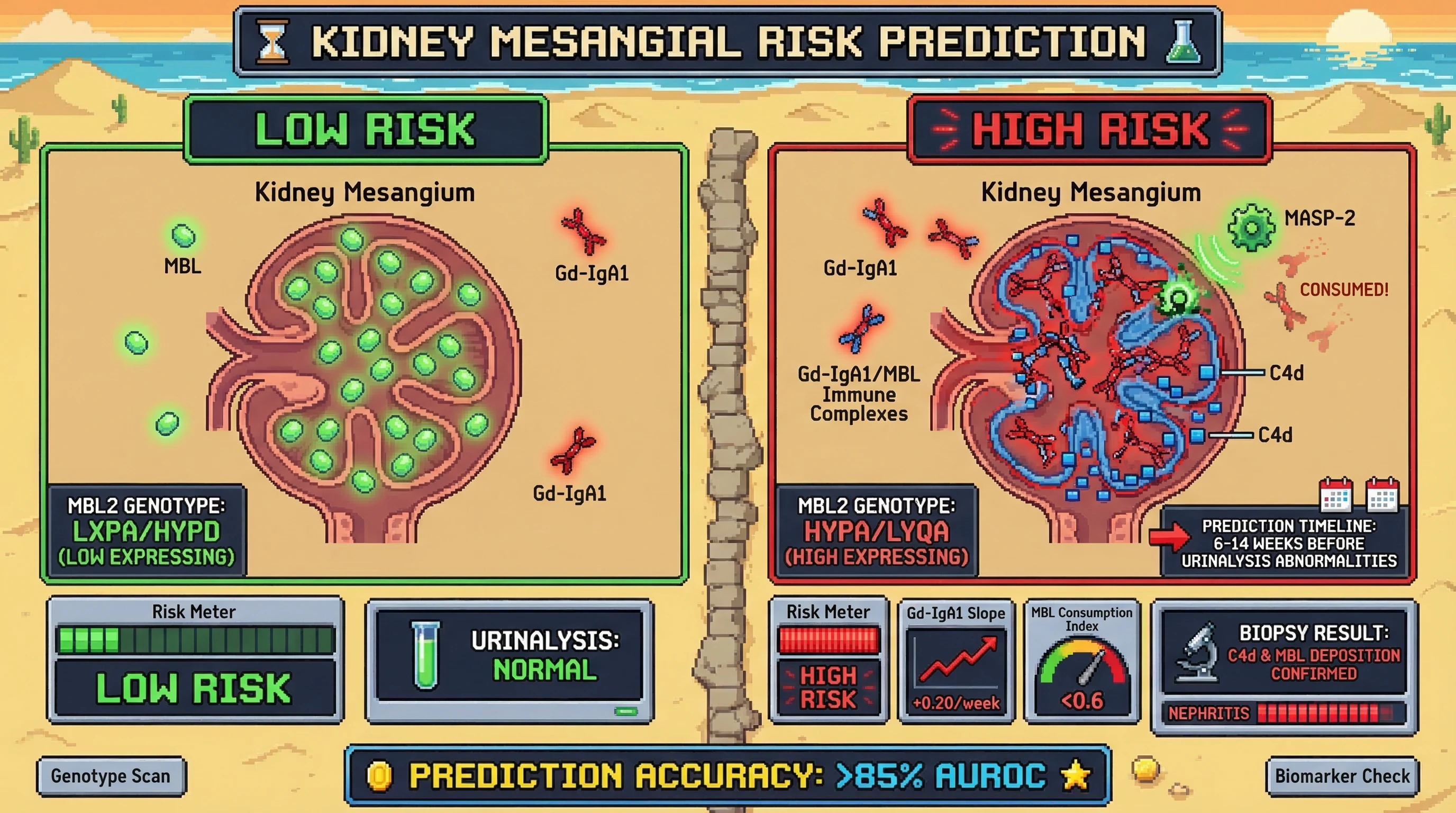 Mechanism: High-expressing MBL2 genotypes combined with rising Gd-IgA1 levels drive MBL consumption and lectin pathway activation, leading to C4d deposition in the kidney. Readout: Readout: This predicts IgA vasculitis renal involvement 6-14 weeks before urinalysis abnormalities, with 85% accuracy.