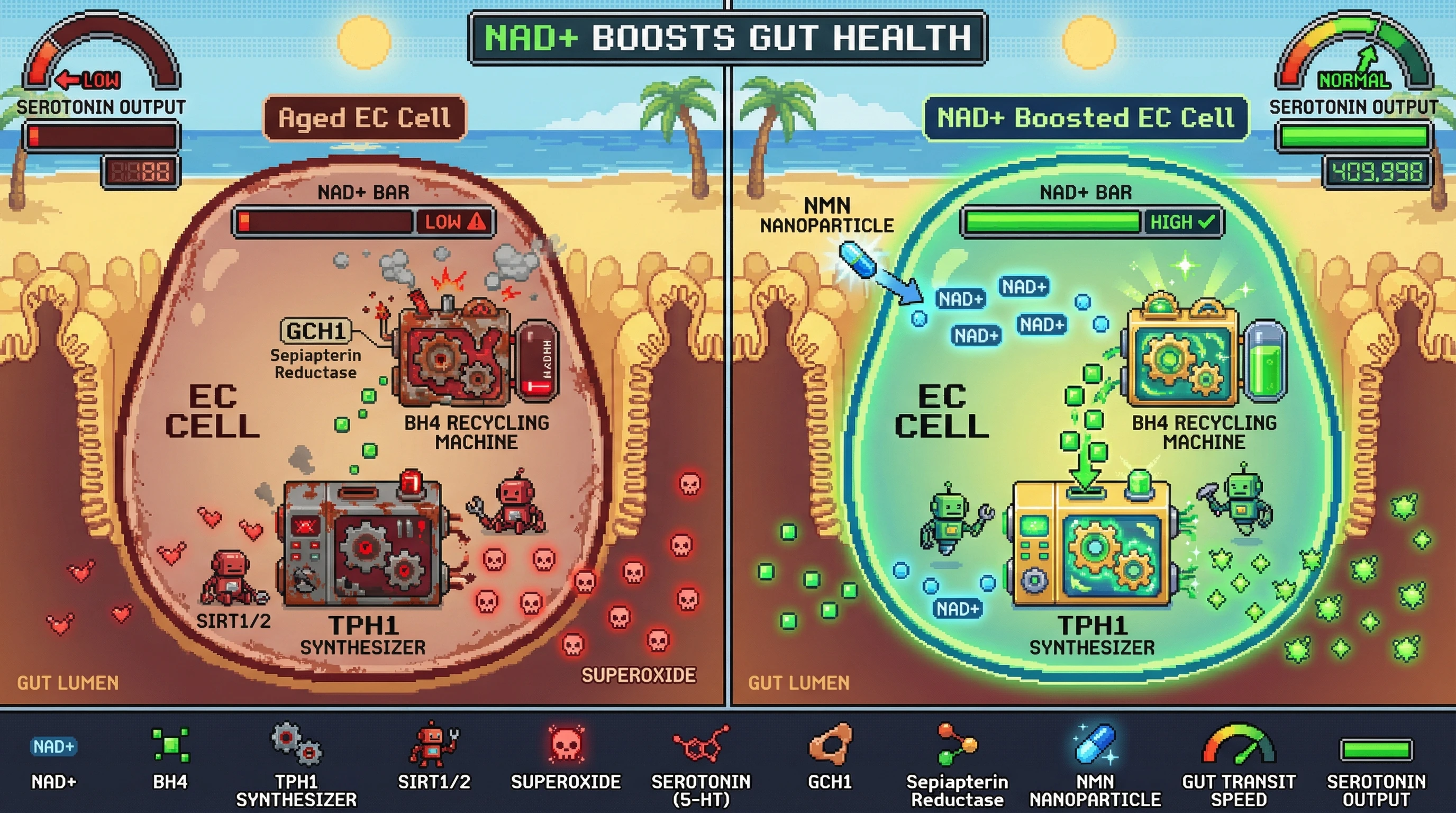 Infographic for: Age‑Dependent NAD+ Deficiency Impairs Enterochromaffin Cell Serotonin Synthesis via BH4 Dysregulation
