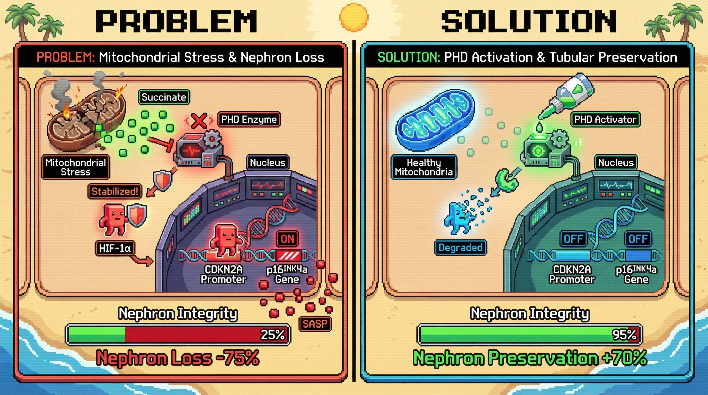 Infographic for: Succinate-Driven HIF-1α Activation Links Tubular Mitochondrial Stress to p16INK4a Upregulation and Nephron Loss