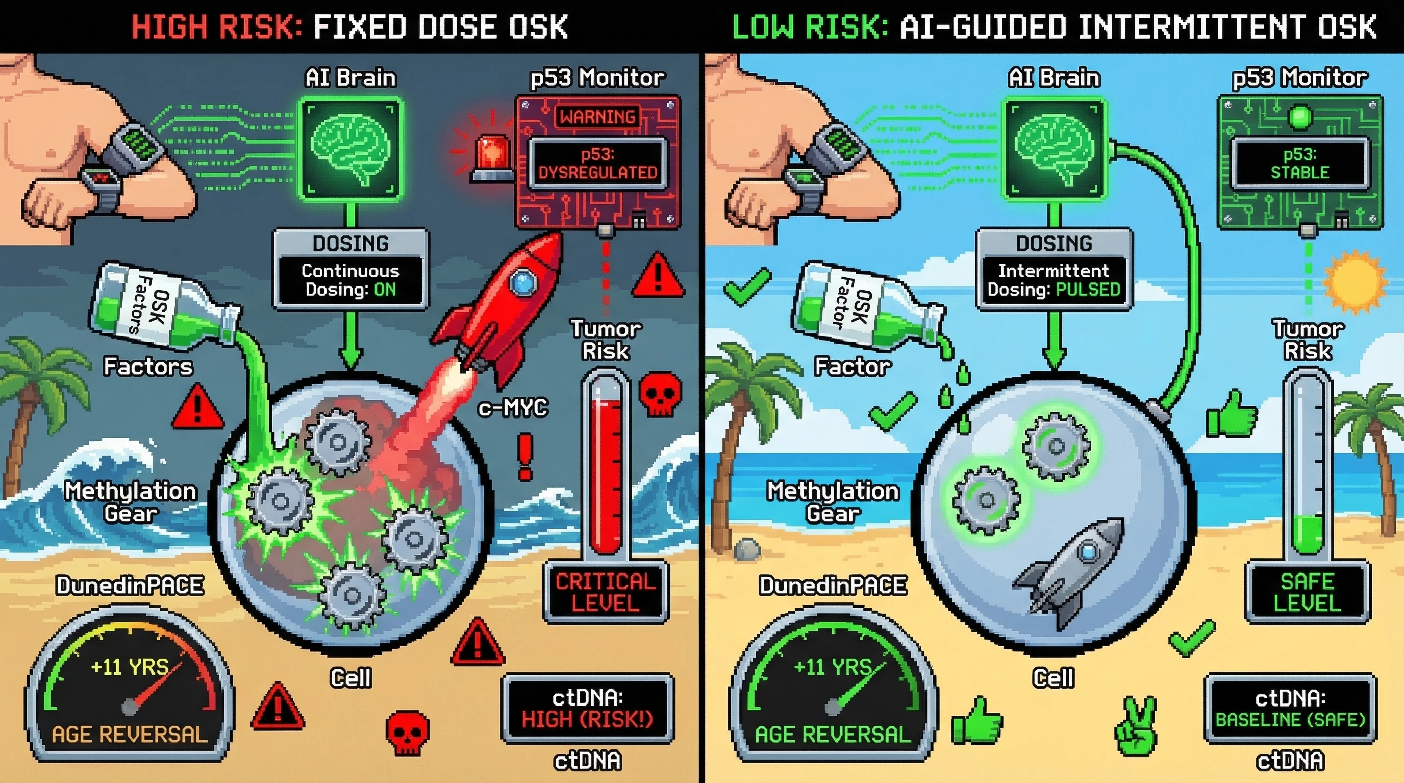 Mechanism: AI-guided intermittent OSK dosing safely reverses epigenetic age by preventing c-MYC and p53 dysregulation seen with continuous OSK. Readout: Readout: DunedinPACE shows an 11-year age reversal, while ctDNA and phospho-p53 remain below oncogenic safety cutoffs.