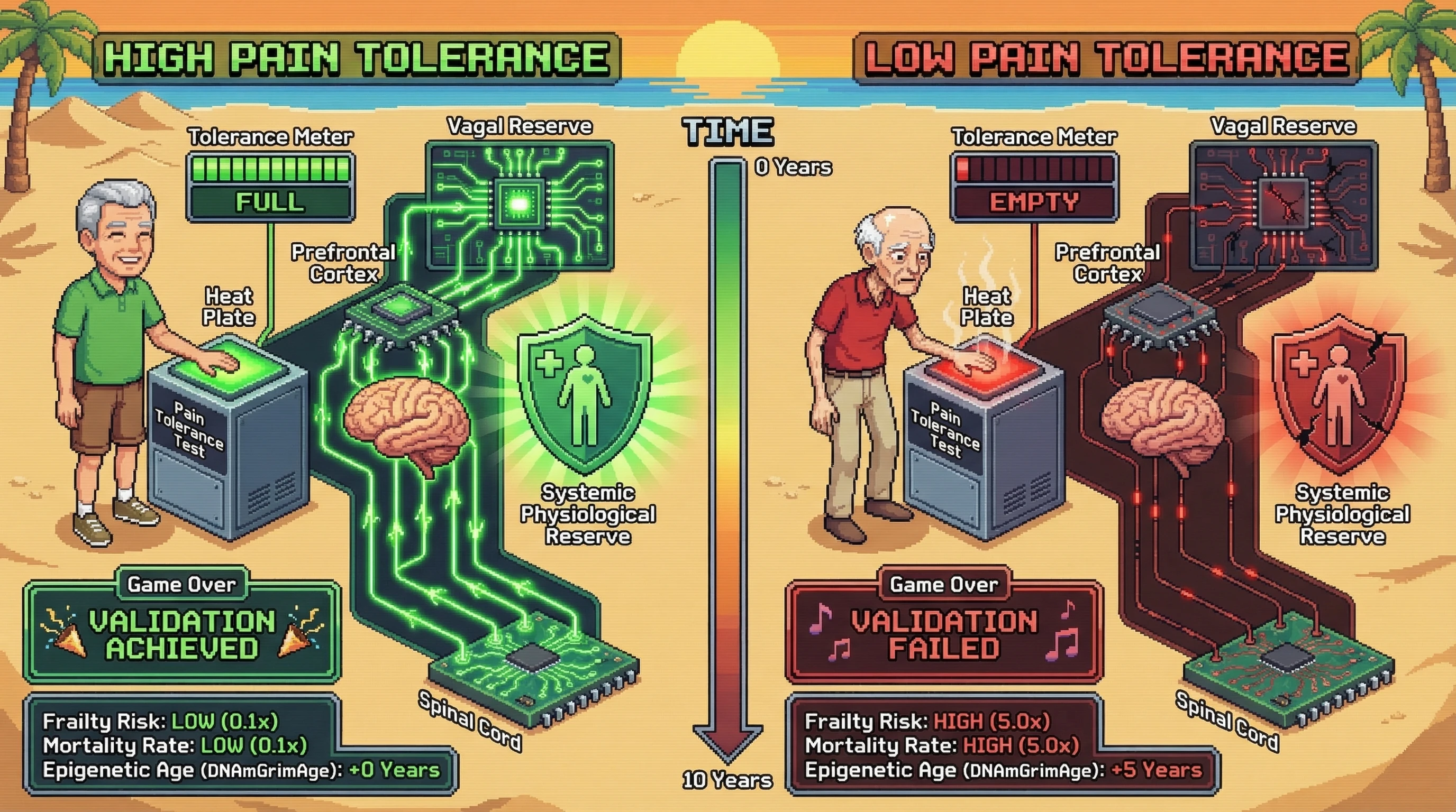 Mechanism: High pain tolerance reflects robust descending modulatory circuits and strong systemic physiological reserve, including vagal reserve. Readout: Readout: Lower pain tolerance predicts a significantly higher risk of incident frailty and all-cause mortality over 5-10 years, independent of epigenetic age.