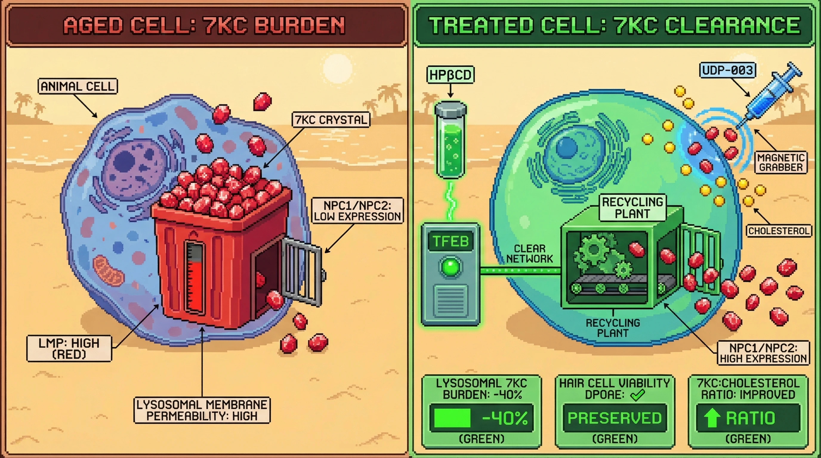Infographic for: Sub-ototoxic HPβCD primes lysosomal export machinery via TFEB/CLEAR activation while UDP-003's 7KC-selective dimeric ...