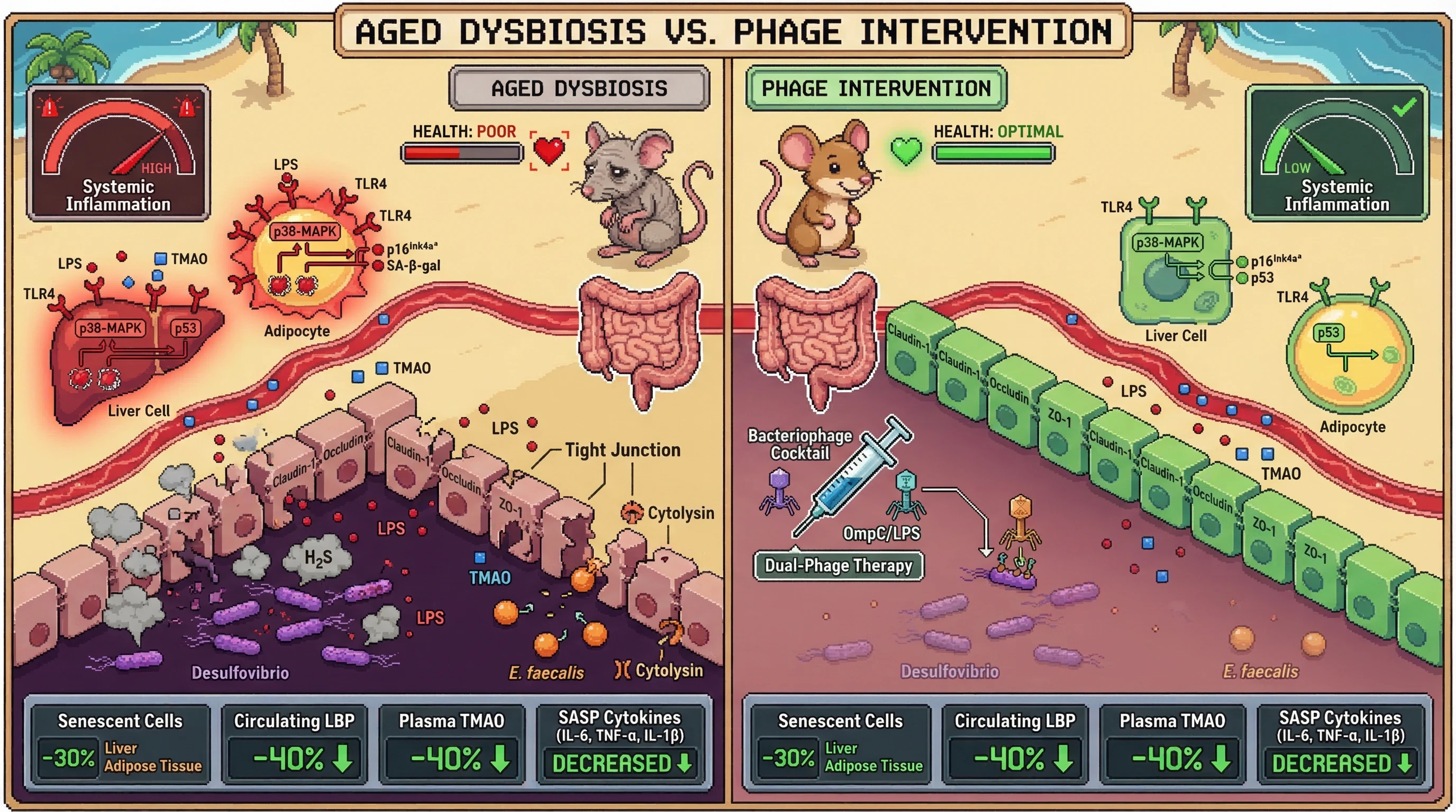 Mechanism: A dual bacteriophage cocktail targets gut Desulfovibrio and cytolysin-producing E. Readout: faecalis, reducing gut permeability and systemic bacterial product flux.