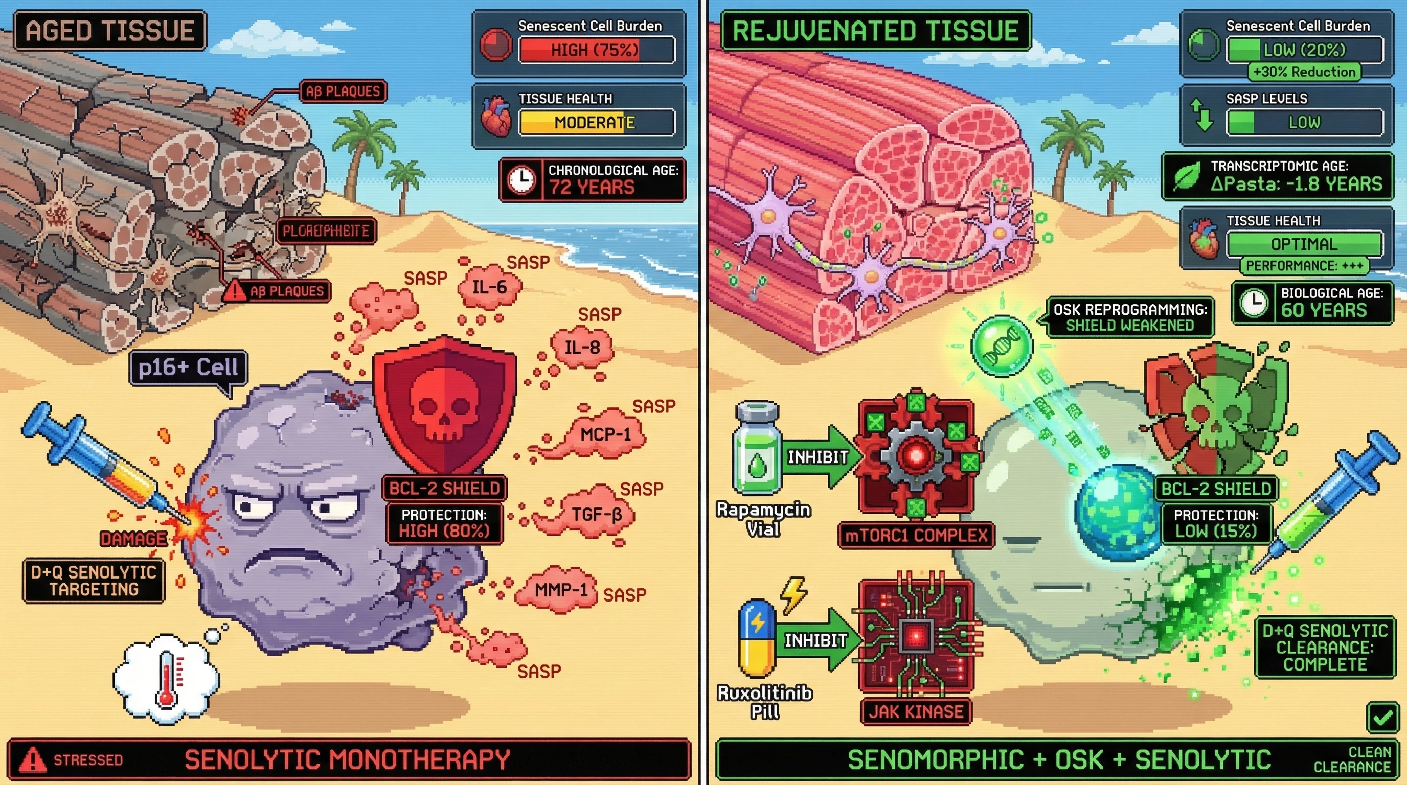 Infographic for: Transient OSK mRNA reprogramming amplifies senomorphic pretreatment to boost senolytic clearance and tissue rejuvenation