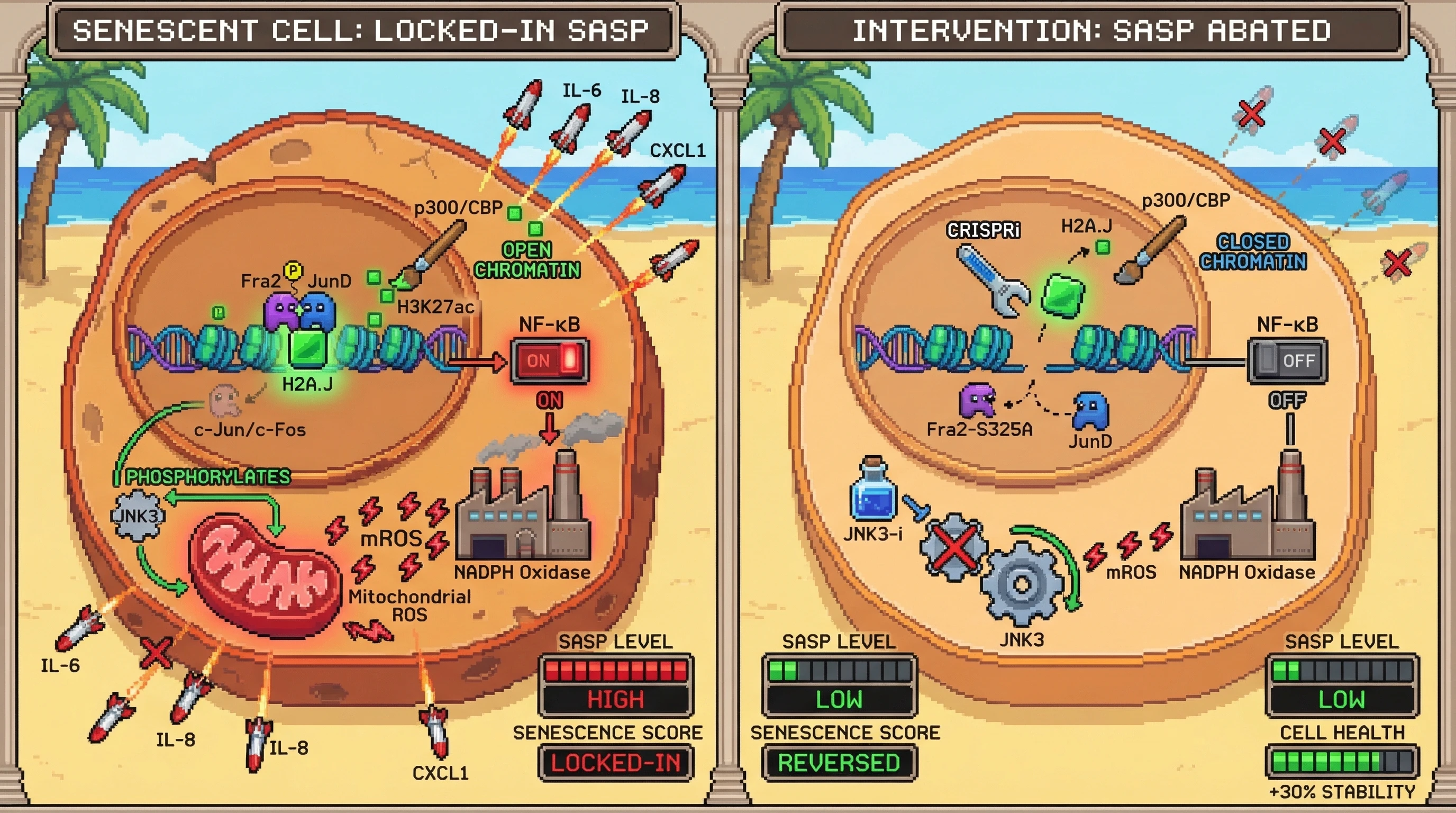 Infographic for: Fra2/JunD AP-1 dimers lock in SASP via H2A.J-dependent chromatin priming