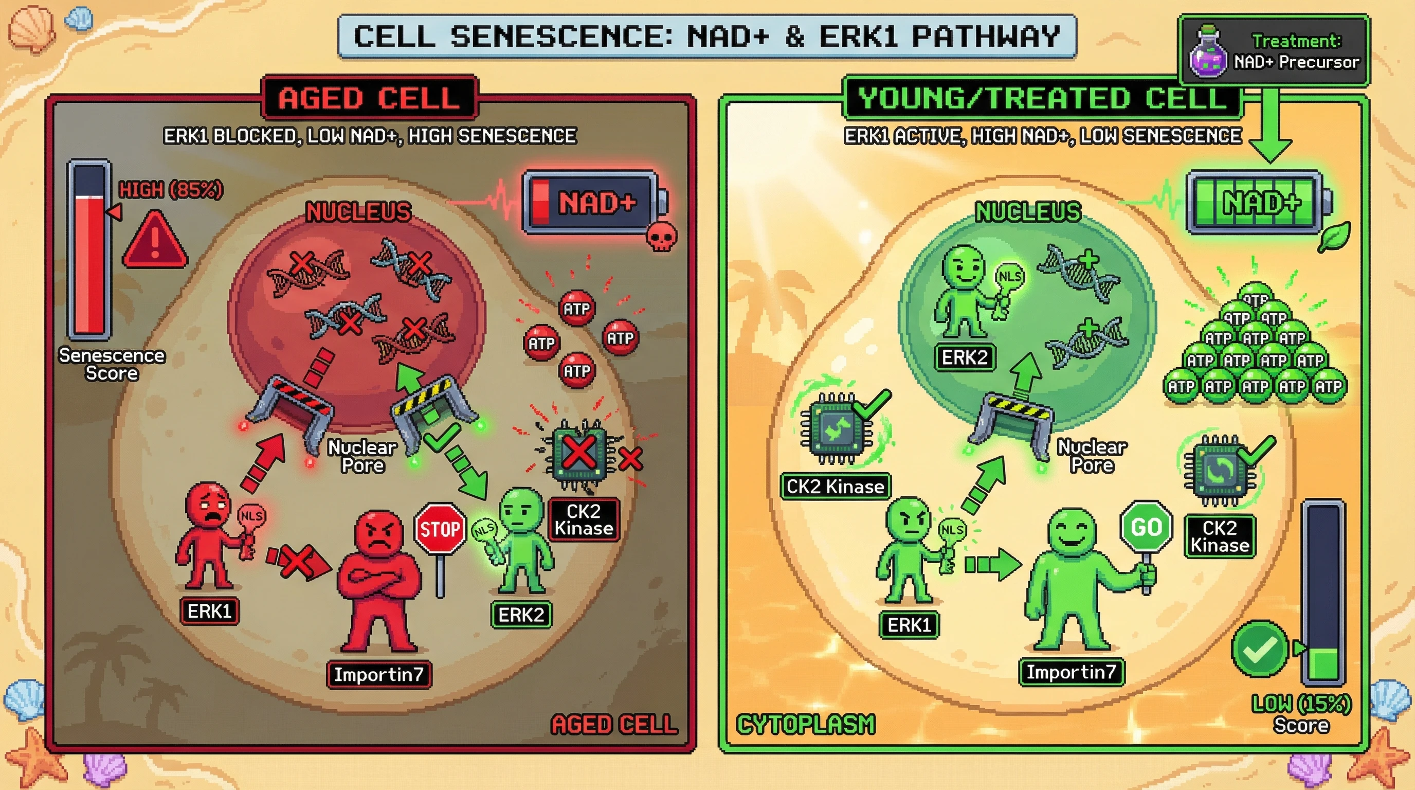 Mechanism: Age-related NAD+ decline limits ATP-dependent CK2 activity, impairing ERK1 nuclear import and promoting a senescent state. Readout: Readout: Restoring NAD+ or CK2 activity corrects ERK1 localization and significantly reduces the 'Senescence Score'.