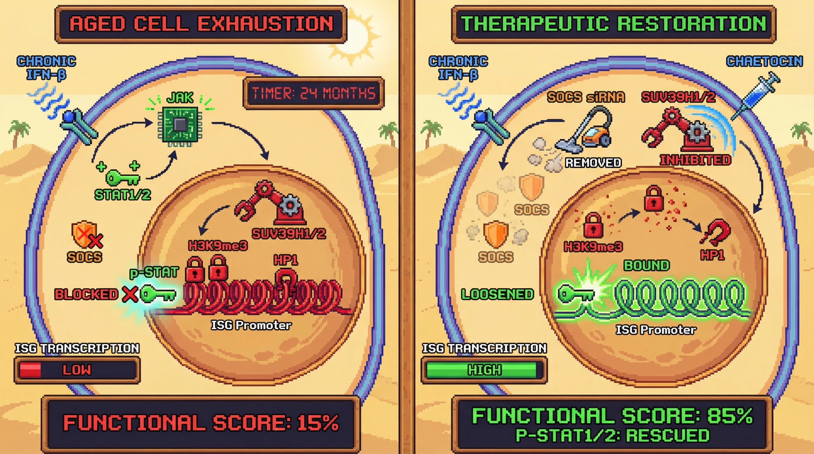 Infographic for: Chronic interferon exposure causes SOCS-independent JAK-STAT exhaustion through H3K9me3-mediated promoter silencing in aged cells