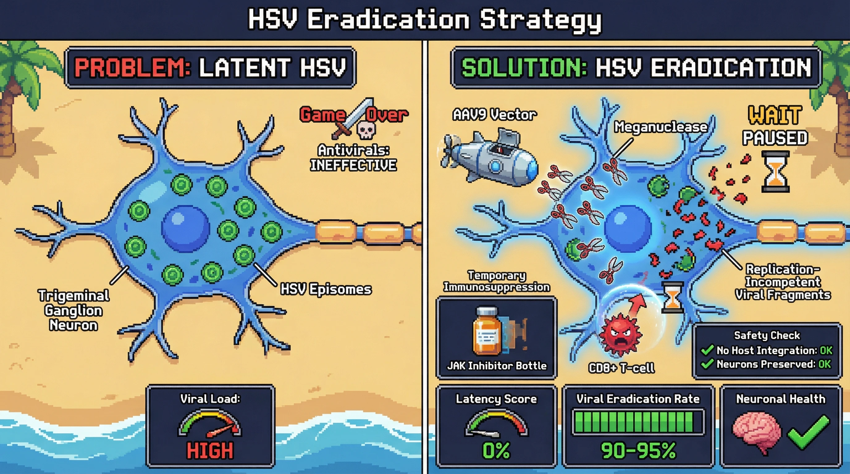 This infographic illustrates a novel CRISPR-based strategy to eliminate latent HSV. It shows how AAV-delivered meganucleases precisely target and destroy viral genomes within neurons, while transient immunomodulation prevents immune clearance, leading to high eradication rates and preserved neuronal health.