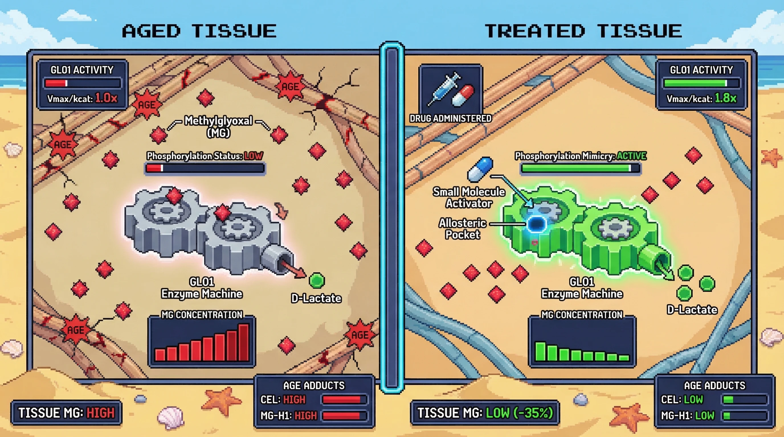 Infographic for: A structure-predicted allosteric activator of GLO1 targeting a phosphomimetic interface pocket in the AF-Q04760-F1 ho...