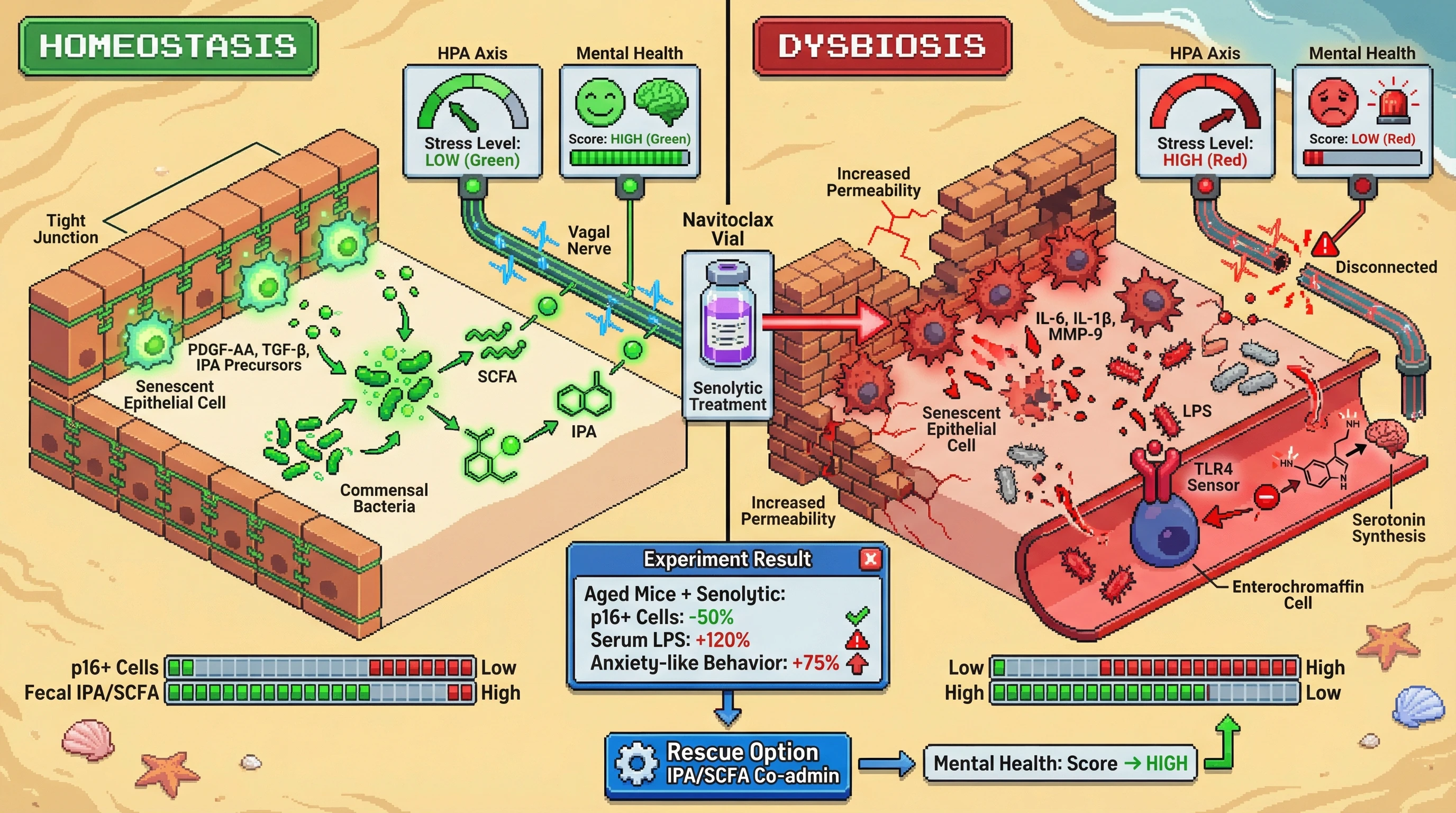 Mechanism: Low numbers of gut senescent cells promote gut barrier integrity and beneficial SCFA/IPA production, supporting mental health. Readout: Readout: High senescent cell burden or senolytic clearance of low-burden senescent cells increases inflammation, reduces beneficial metabolites, and worsens anxiety-like behavior.