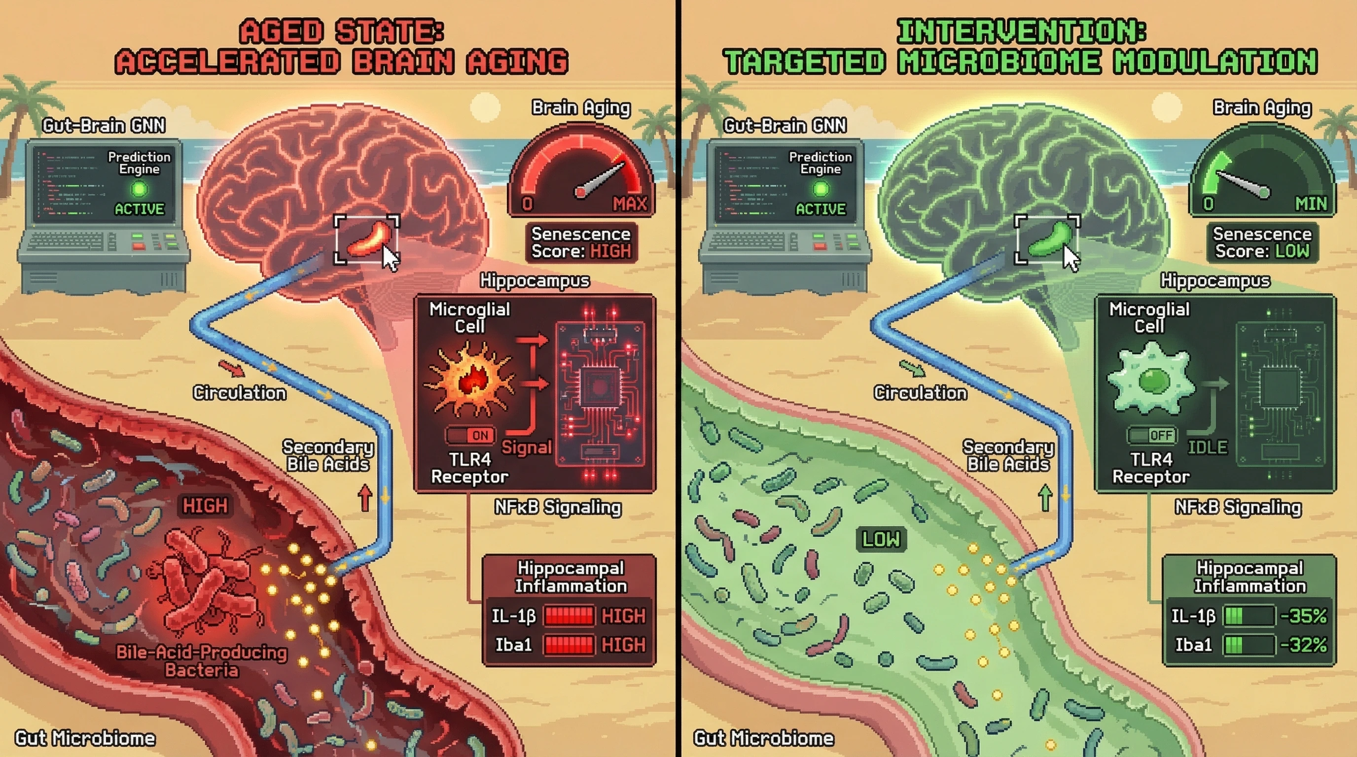 Mechanism: Increased gut microbiome-derived secondary bile acids activate microglial TLR4-NFκB signaling, accelerating brain aging. Readout: Readout: Targeted reduction of these bacteria decreases hippocampal IL-1β and Iba1 immunoreactivity by over 30%.