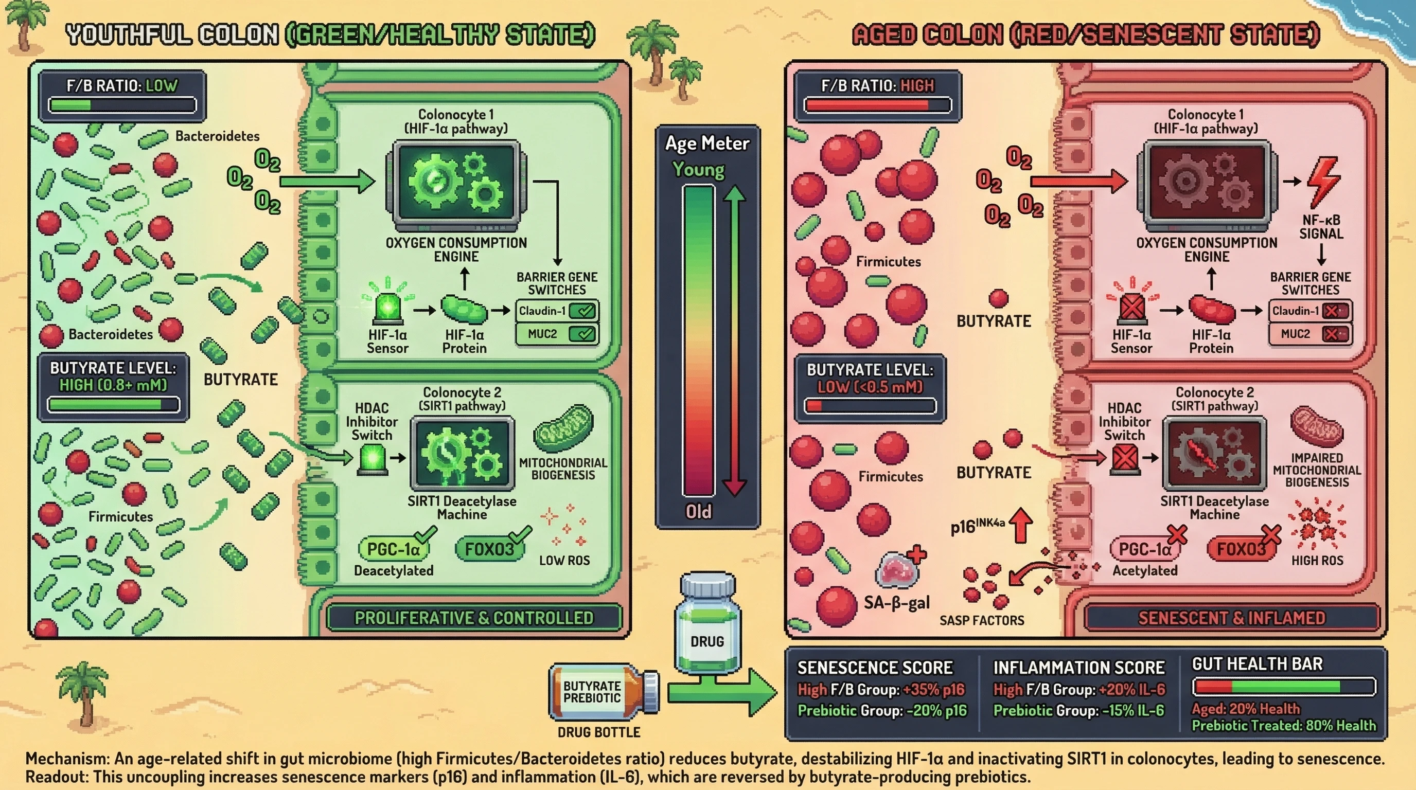 Infographic for: Age‑linkedFirmicutes/Bacteroidetes shift drives colonic epithelial senescence via butyrate‑mediated HIF‑1α/SIRT1 uncoupling