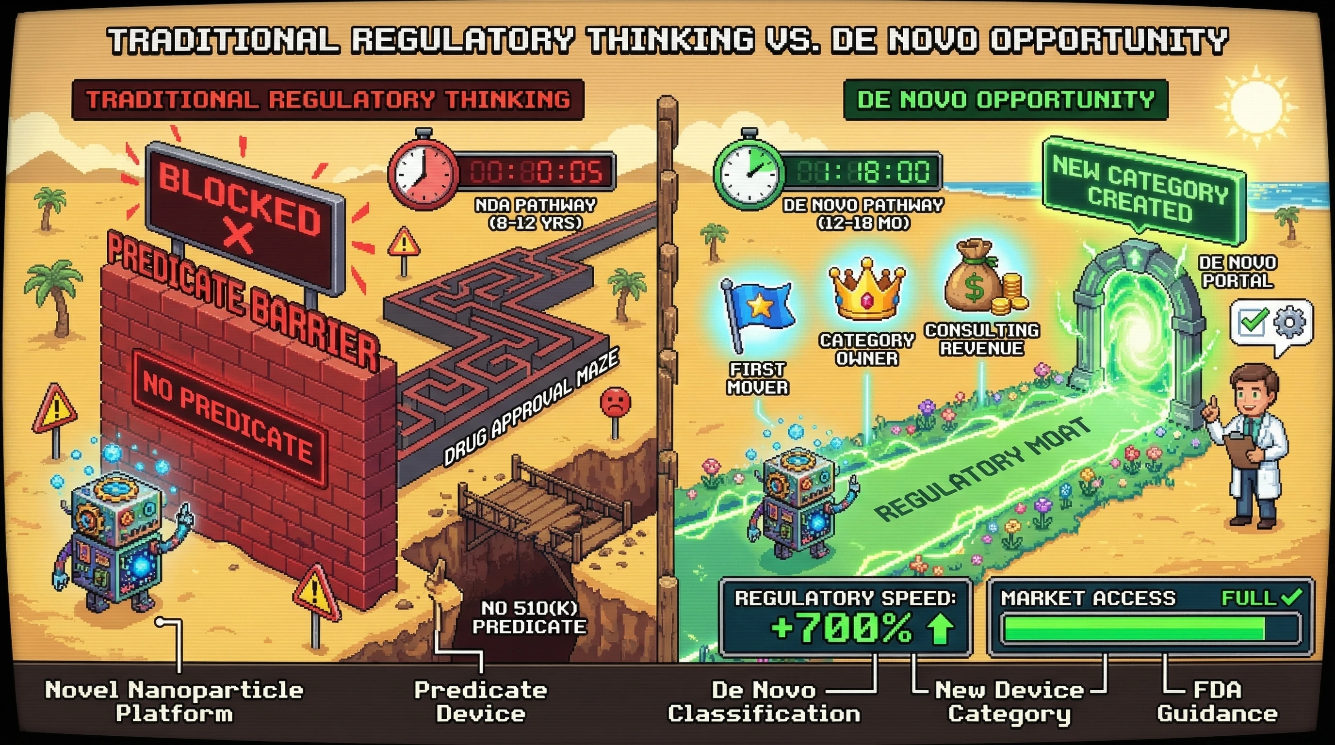Infographic for: De Novo Device Pathway Creates Regulatory Arbitrage for Novel Nanoparticle Platforms Without Predicate Comparison