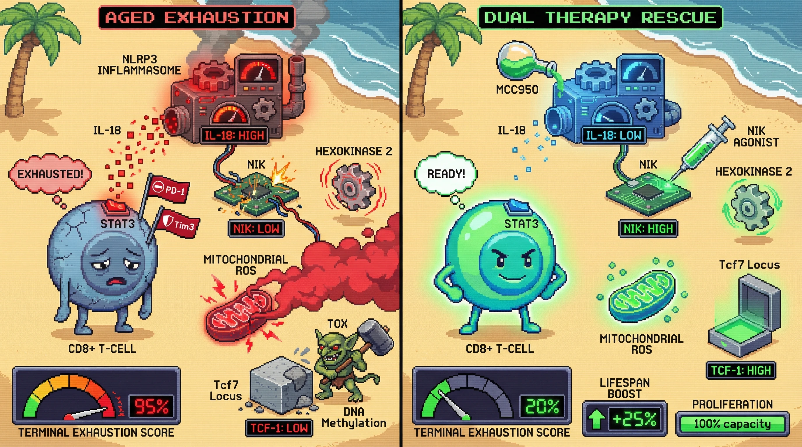 Infographic for: Dual inhibition of NLRP3 inflammasome and NIK-dependent metabolic rescue prevents epigenetic fixation of CD8+ T‑cell exhaustion during aging
